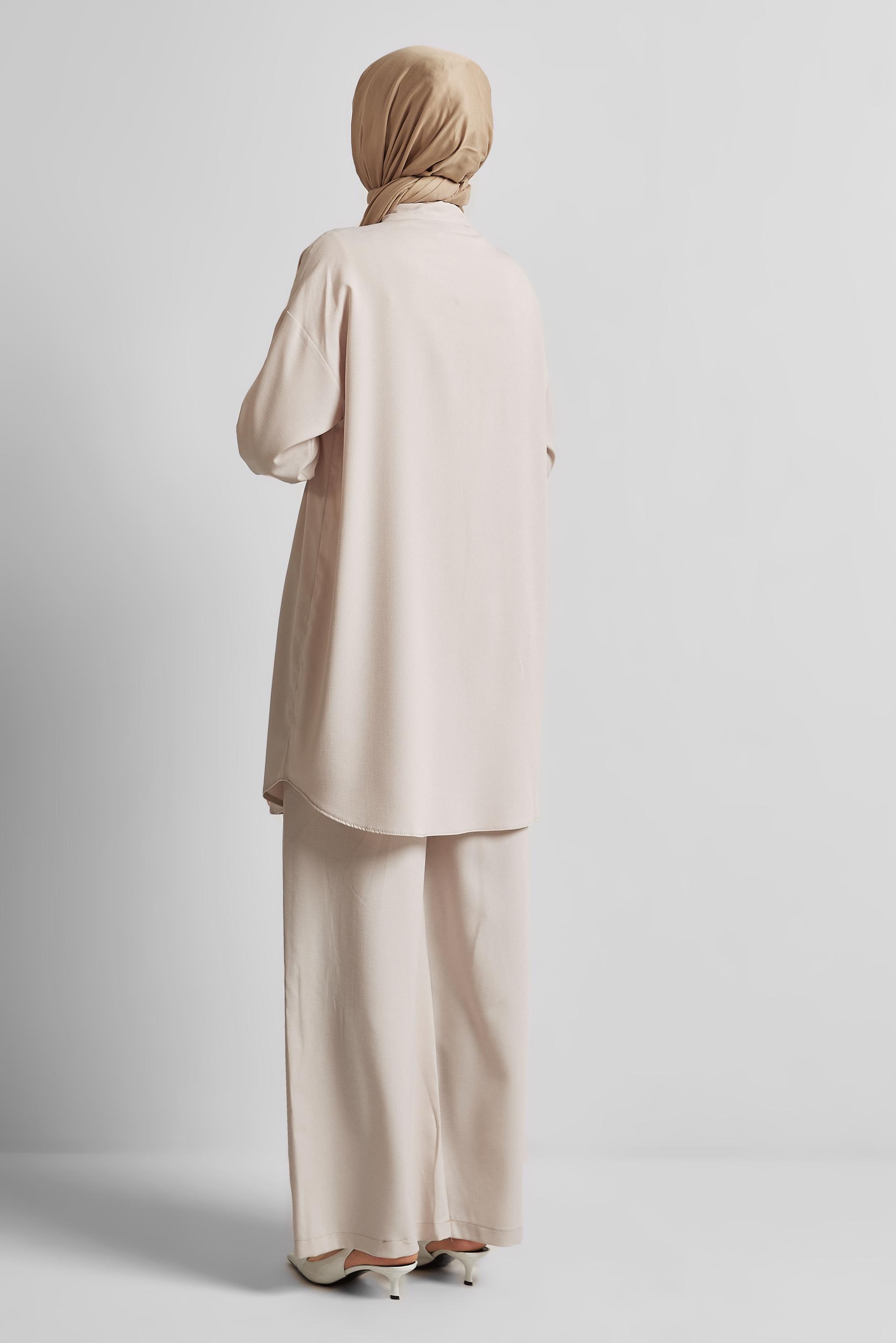 Tesettür giyim BEJ GÖMLEK YAKA PANTOLONLU TAKIM 44473