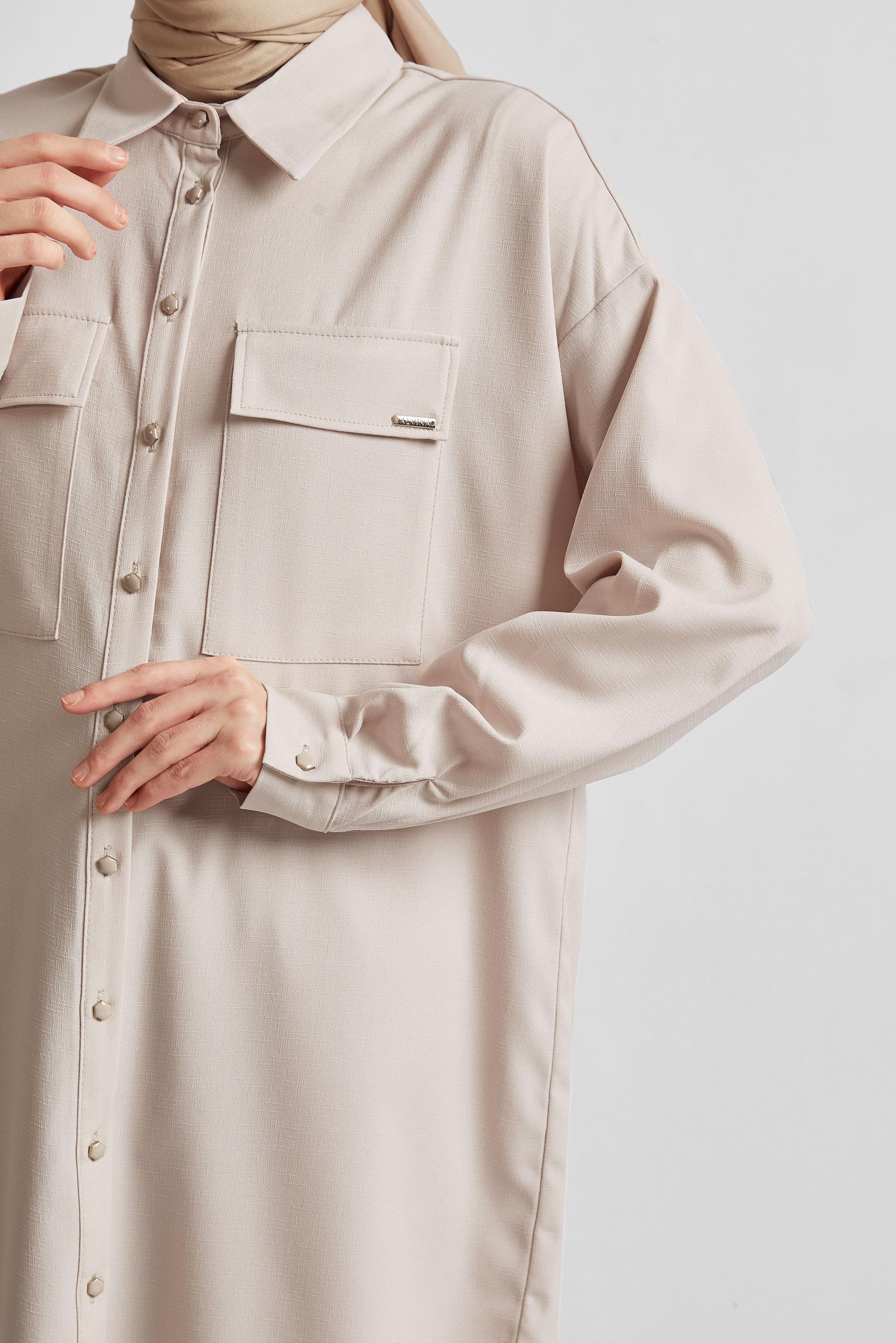 Tesettür giyim BEJ GÖMLEK YAKA PANTOLONLU TAKIM 44473