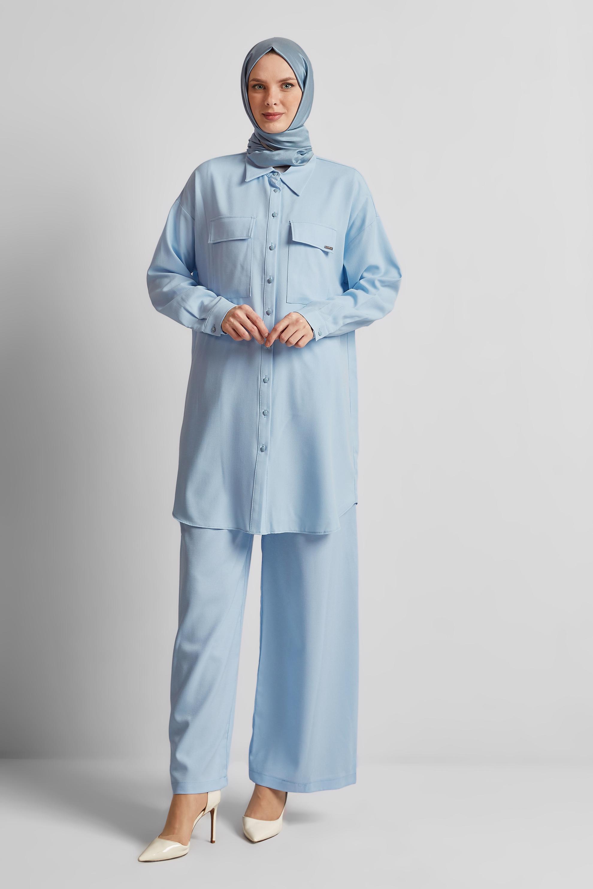 Tesettür giyim MAVİ GÖMLEK YAKA PANTOLONLU TAKIM 44473