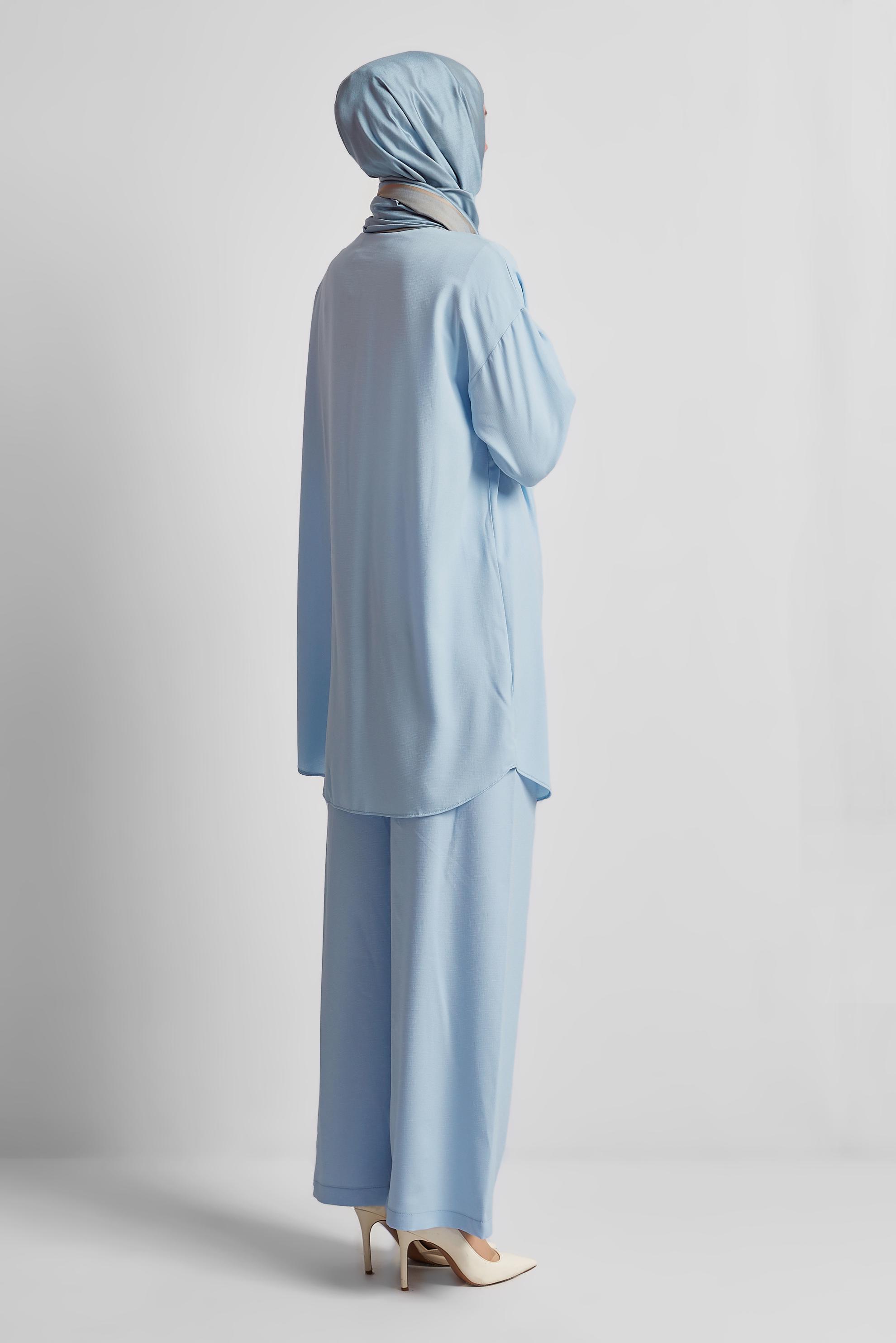 Tesettür giyim MAVİ GÖMLEK YAKA PANTOLONLU TAKIM 44473