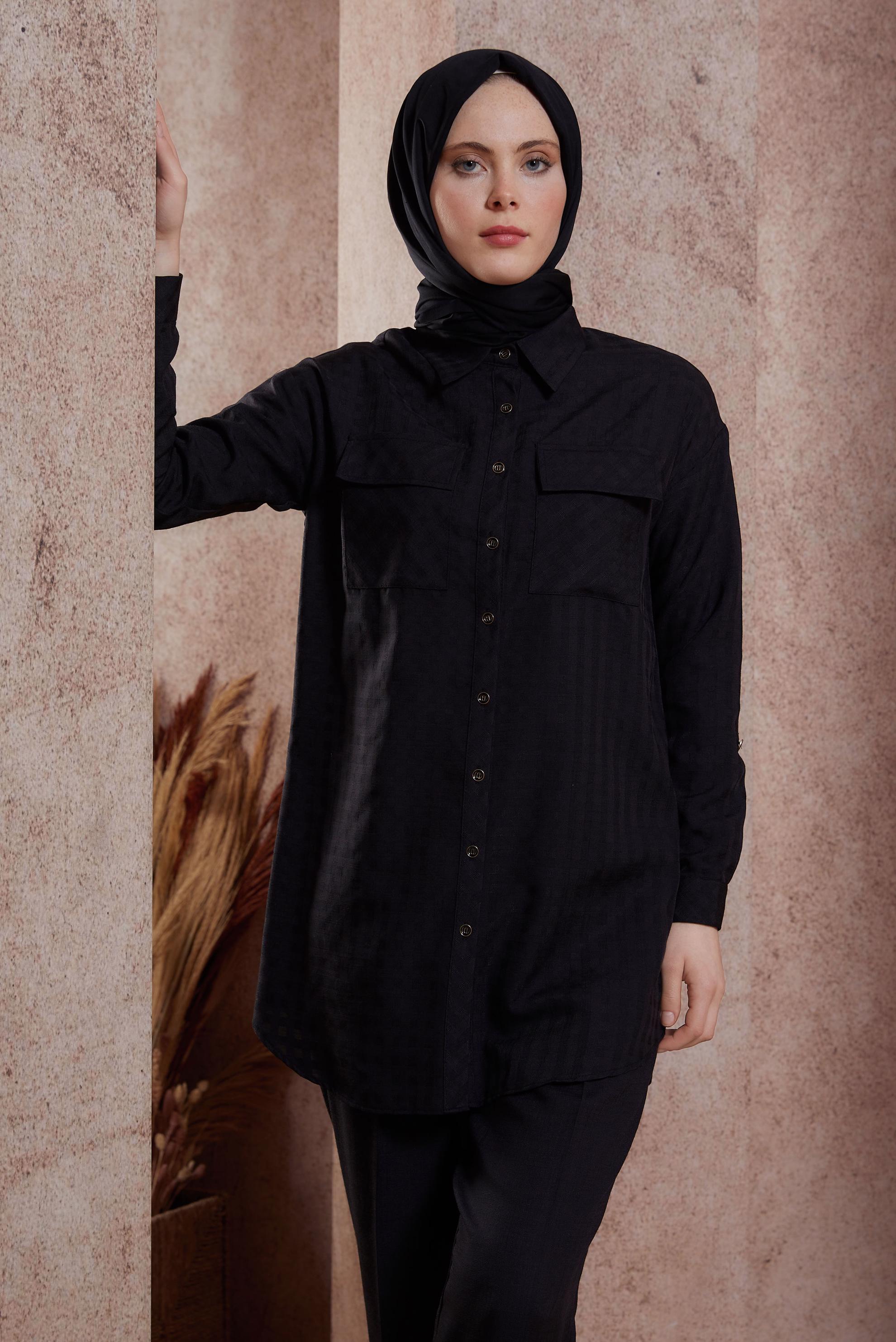 Tesettür giyim SİYAH EKOSE DESENLİ PANTOLONLU TAKIM 44477