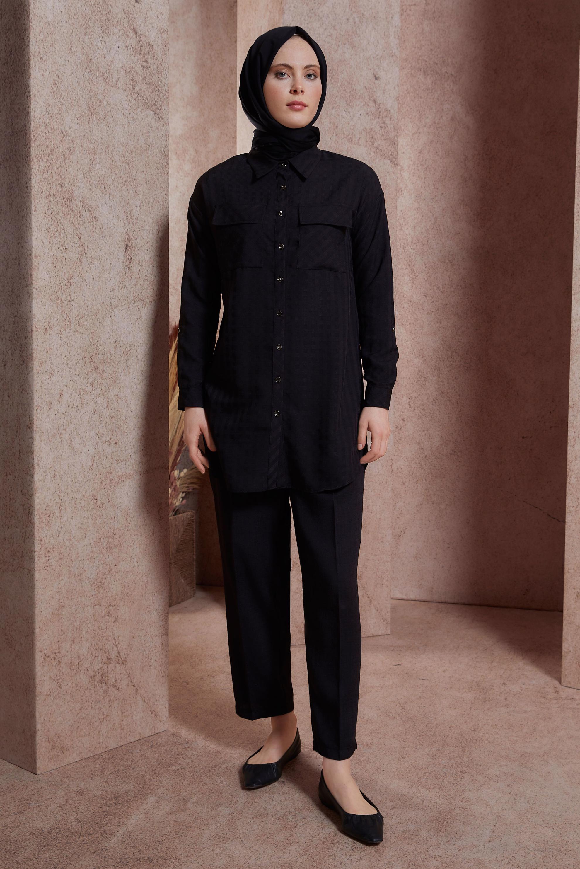 Tesettür giyim SİYAH EKOSE DESENLİ PANTOLONLU TAKIM 44477