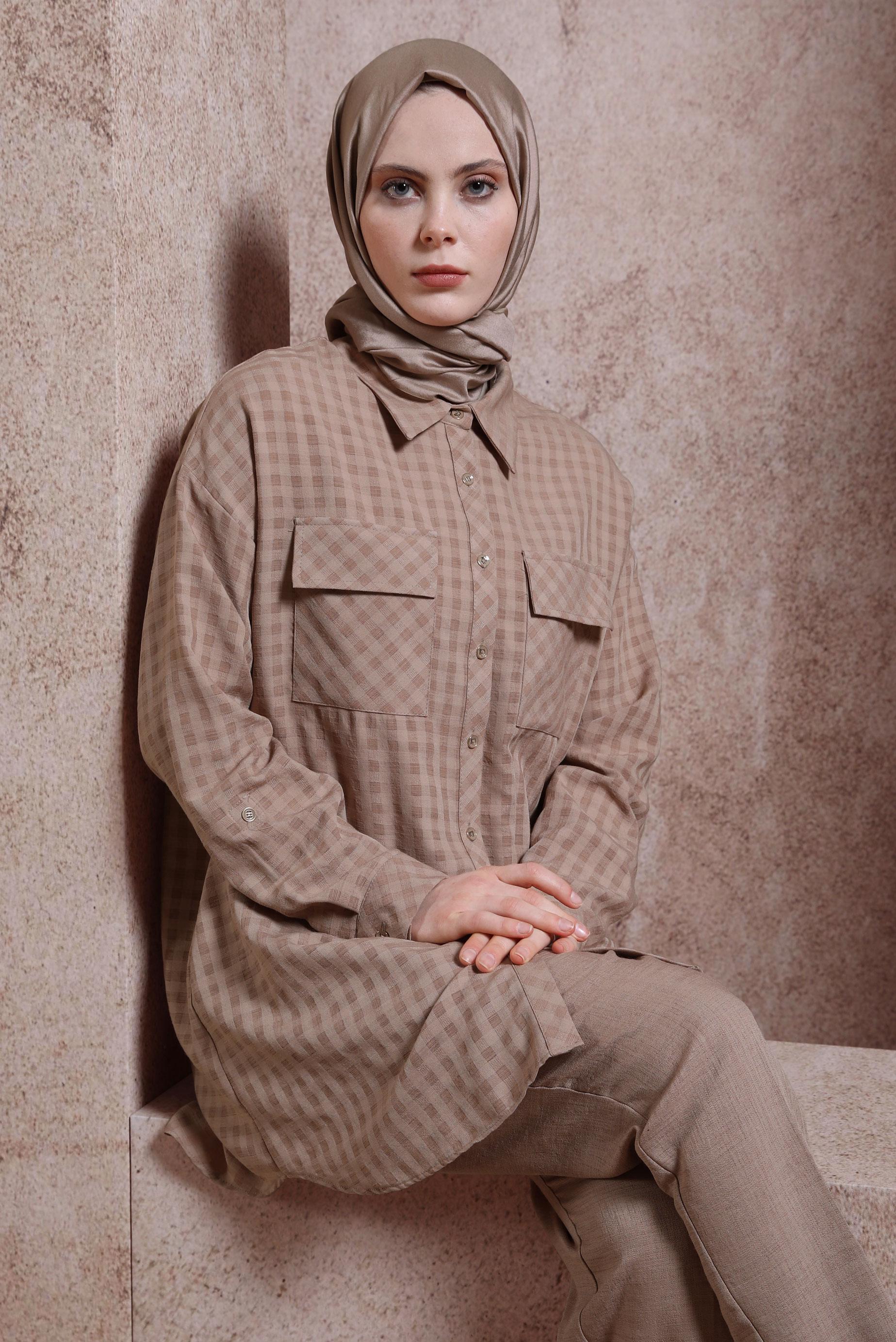 Tesettür giyim VİZON EKOSE DESENLİ PANTOLONLU TAKIM 44477