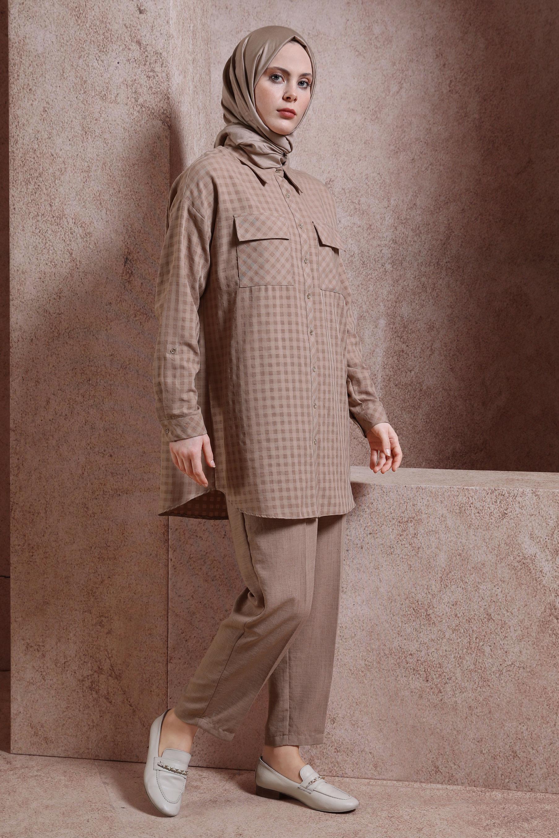 Tesettür giyim VİZON EKOSE DESENLİ PANTOLONLU TAKIM 44477