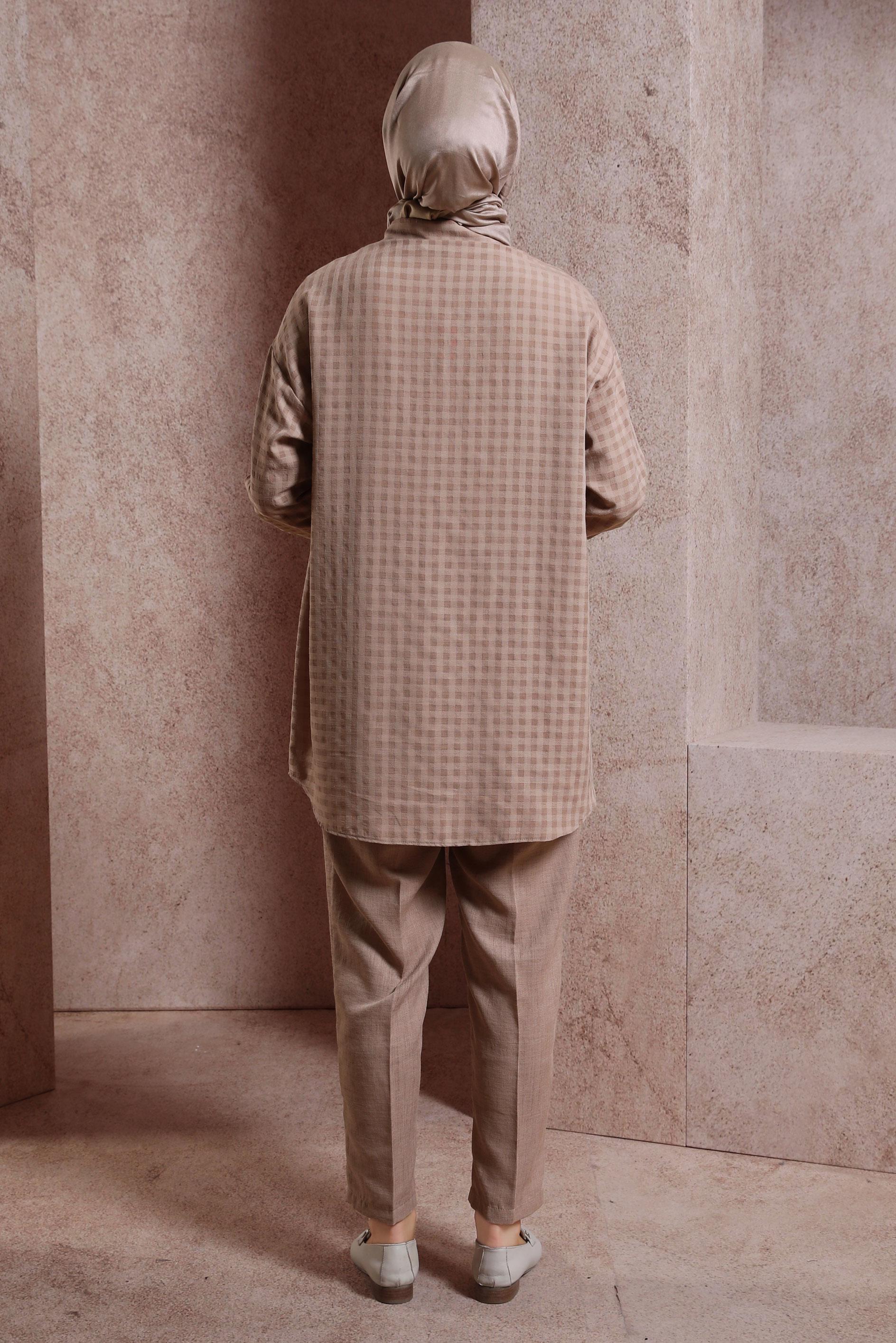 Tesettür giyim VİZON EKOSE DESENLİ PANTOLONLU TAKIM 44477