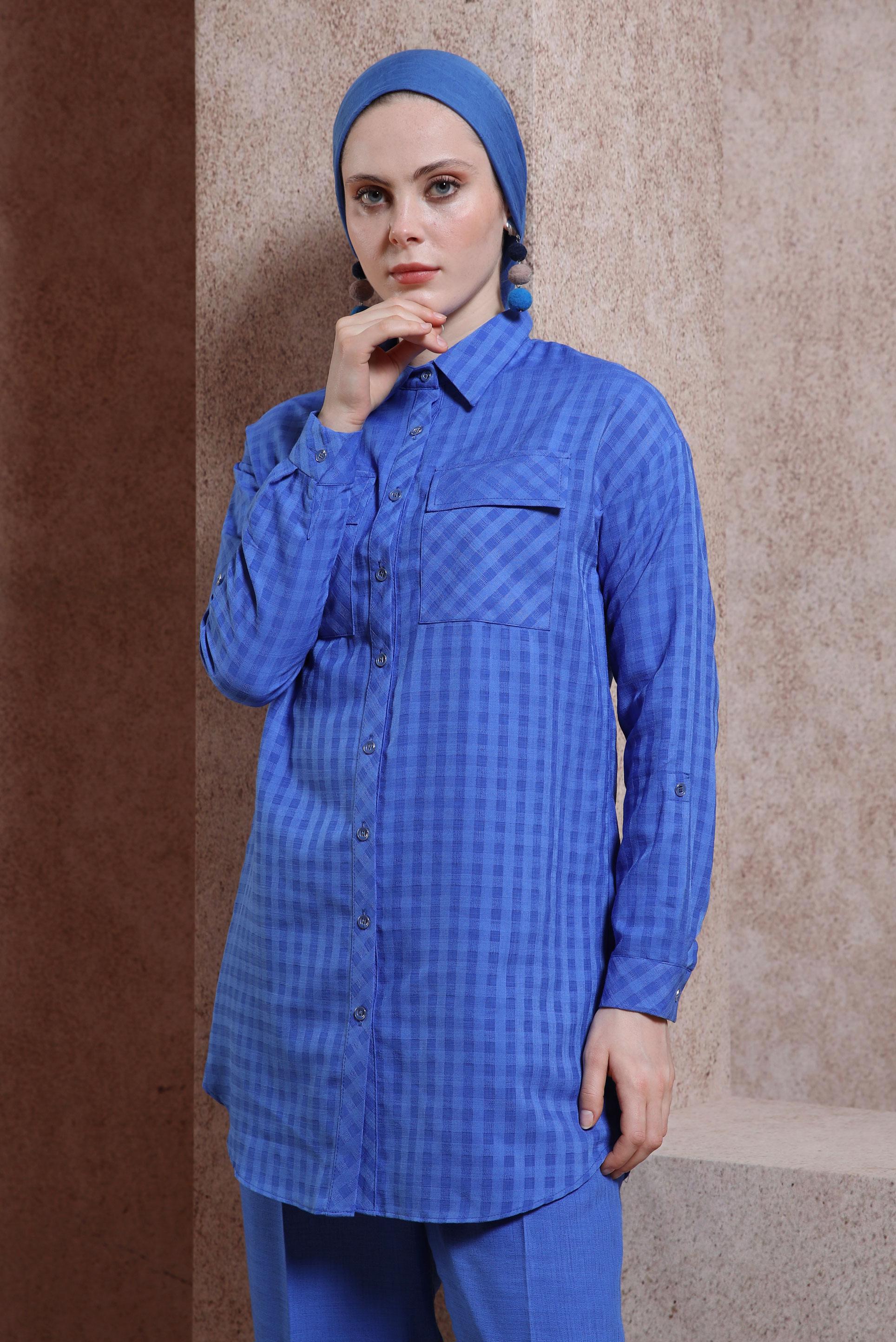 Tesettür giyim LACİVERT EKOSE DESENLİ PANTOLONLU TAKIM 44477