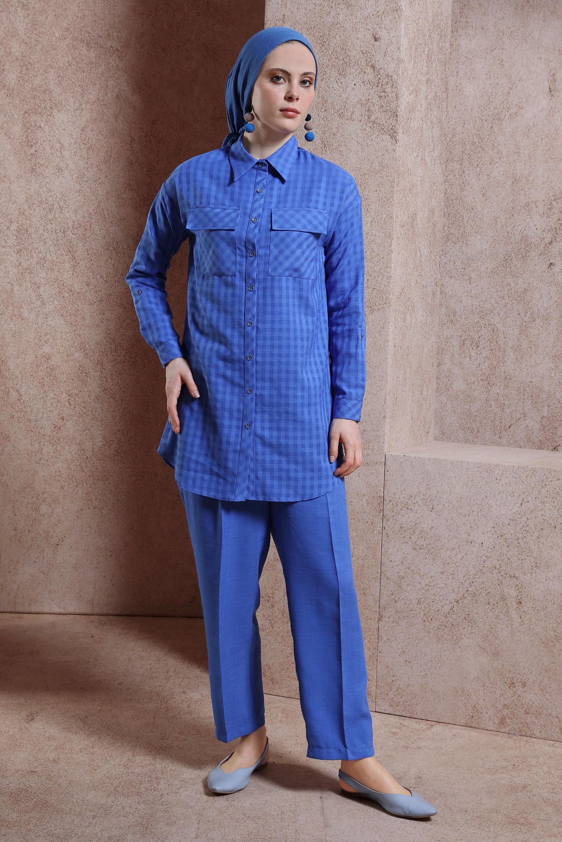 Tesettür giyim LACİVERT EKOSE DESENLİ PANTOLONLU TAKIM 44477