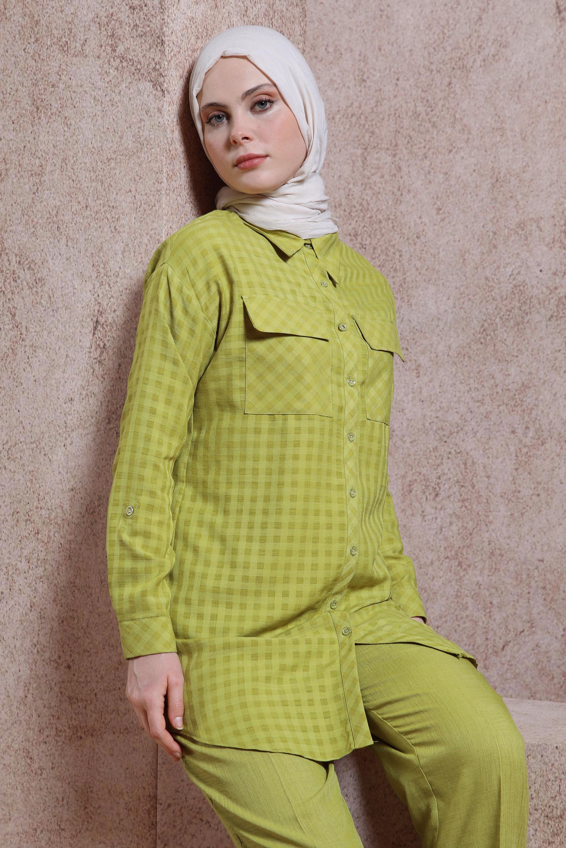 Tesettür giyim YEŞİL EKOSE DESENLİ PANTOLONLU TAKIM 44477