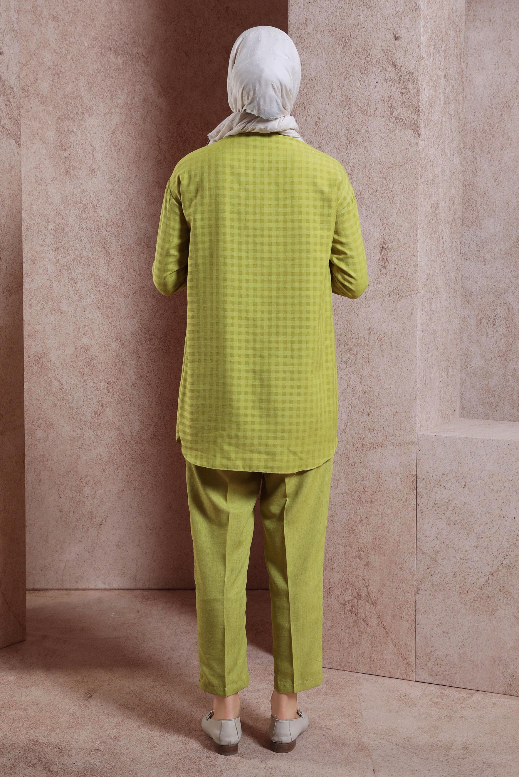 Tesettür giyim YEŞİL EKOSE DESENLİ PANTOLONLU TAKIM 44477