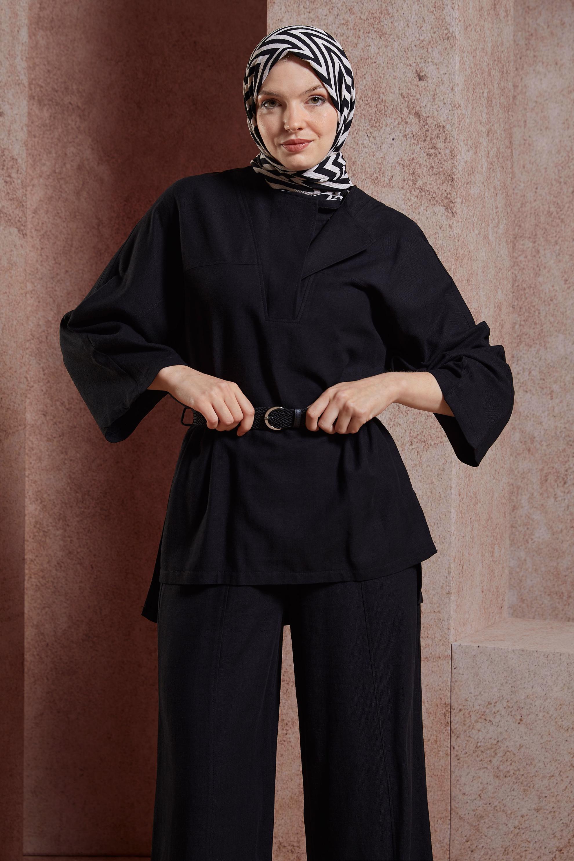 Tesettür giyim SİYAH KEMERLİ PANTOLONLU TAKIM 44502