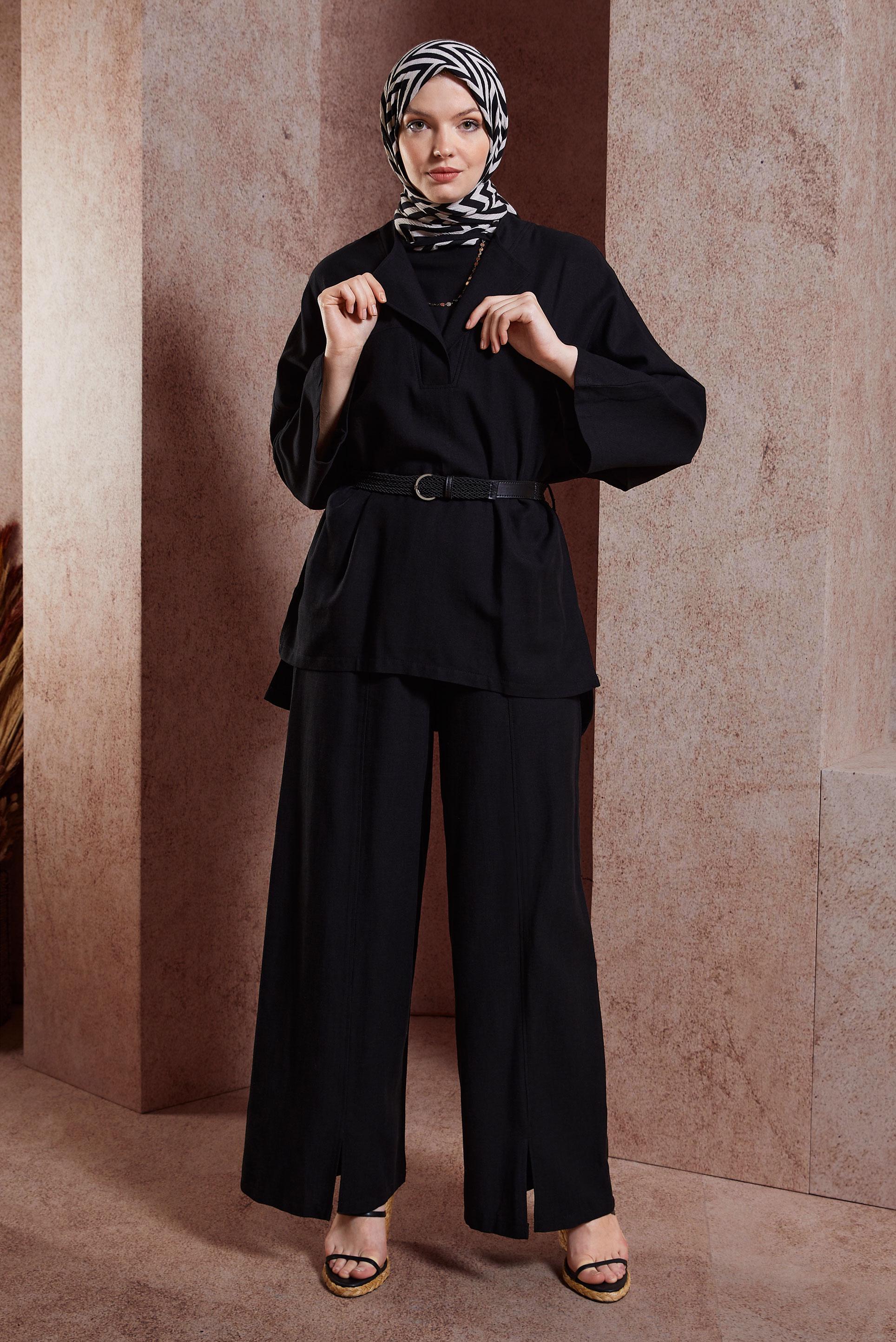 Tesettür giyim SİYAH KEMERLİ PANTOLONLU TAKIM 44502