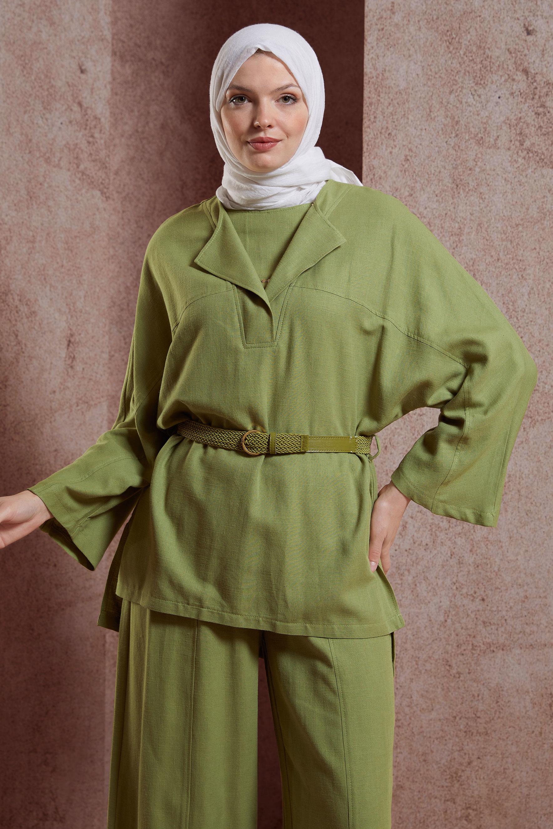 Tesettür giyim YEŞİL KEMERLİ PANTOLONLU TAKIM 44502