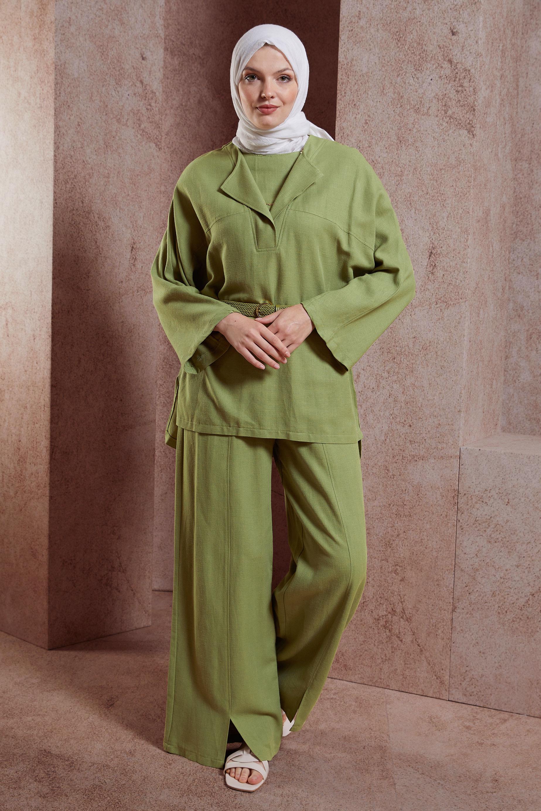 Tesettür giyim YEŞİL KEMERLİ PANTOLONLU TAKIM 44502