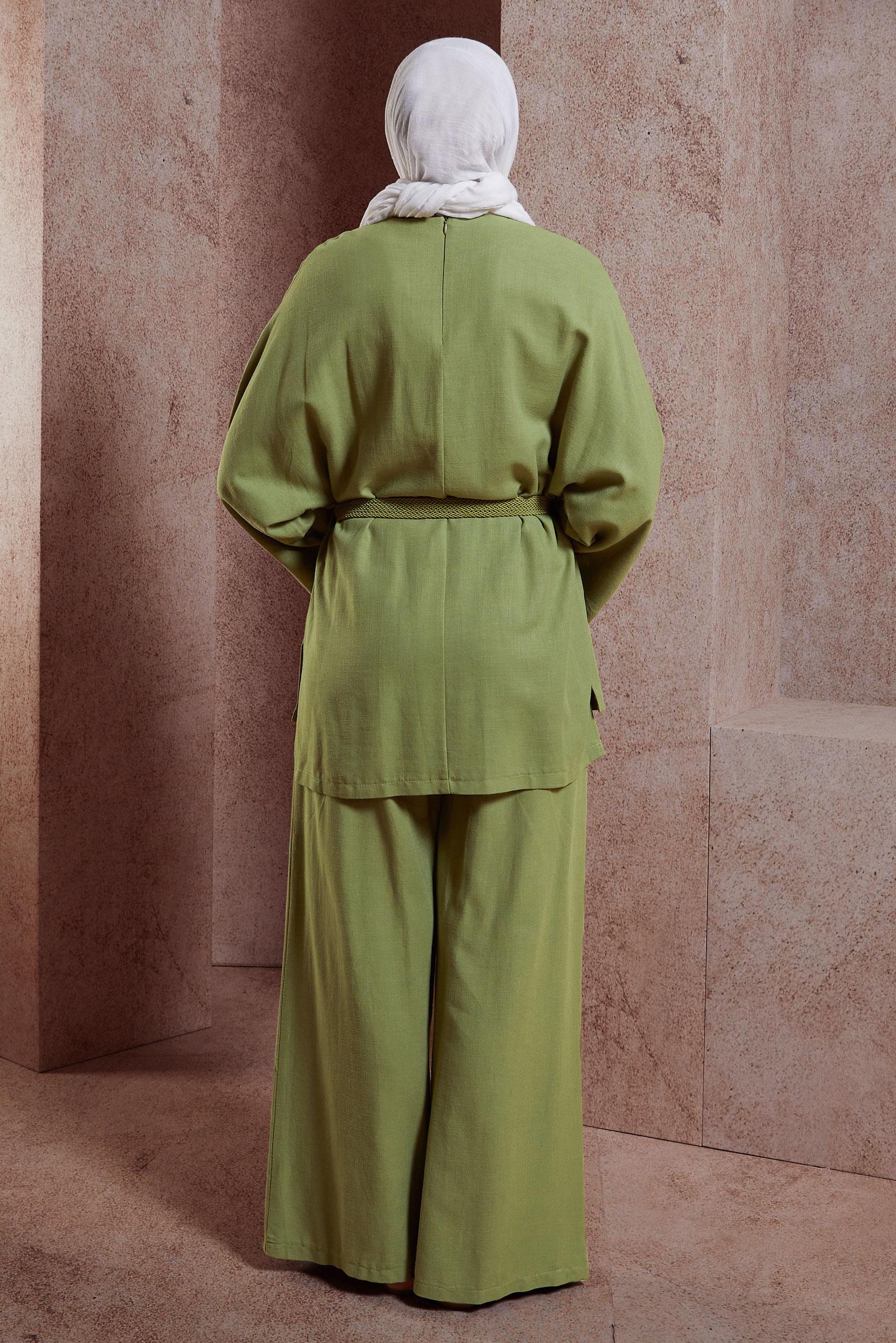 Tesettür giyim YEŞİL KEMERLİ PANTOLONLU TAKIM 44502