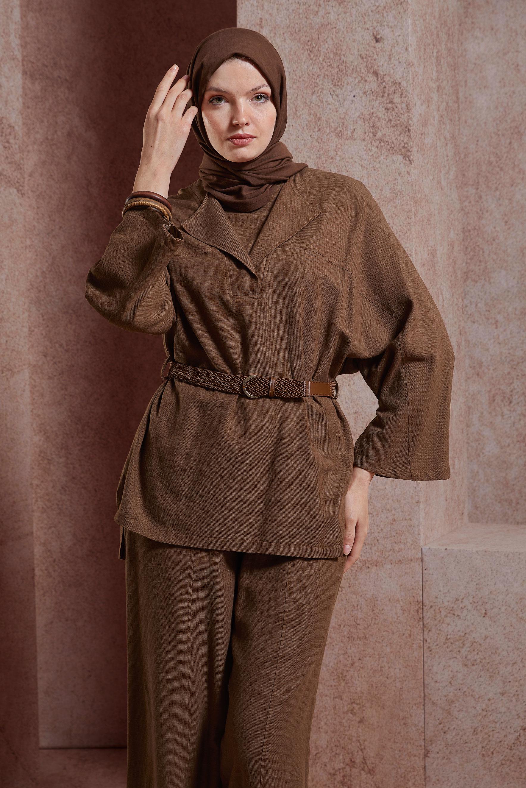Tesettür giyim KAHVE KEMERLİ PANTOLONLU TAKIM 44502