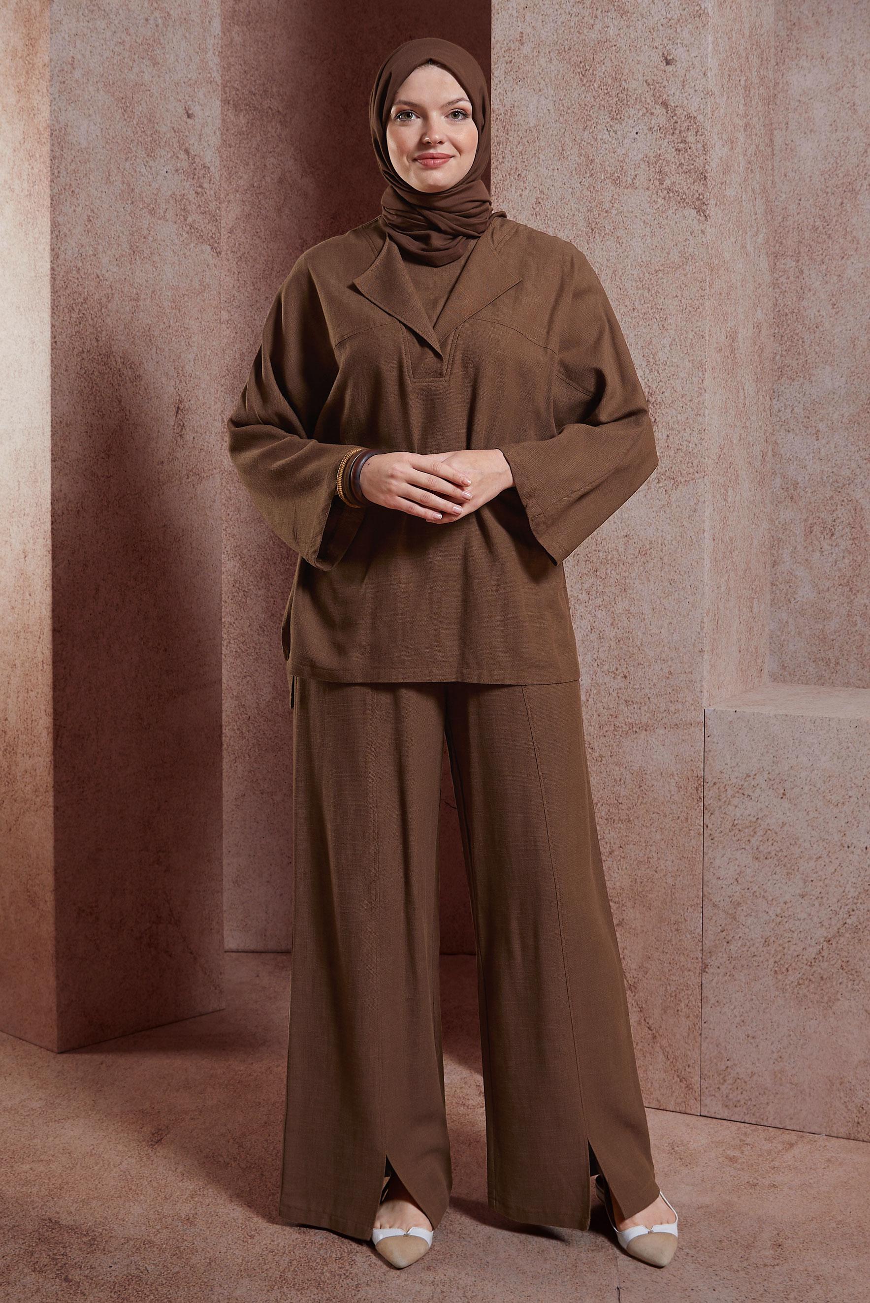 Tesettür giyim KAHVE KEMERLİ PANTOLONLU TAKIM 44502