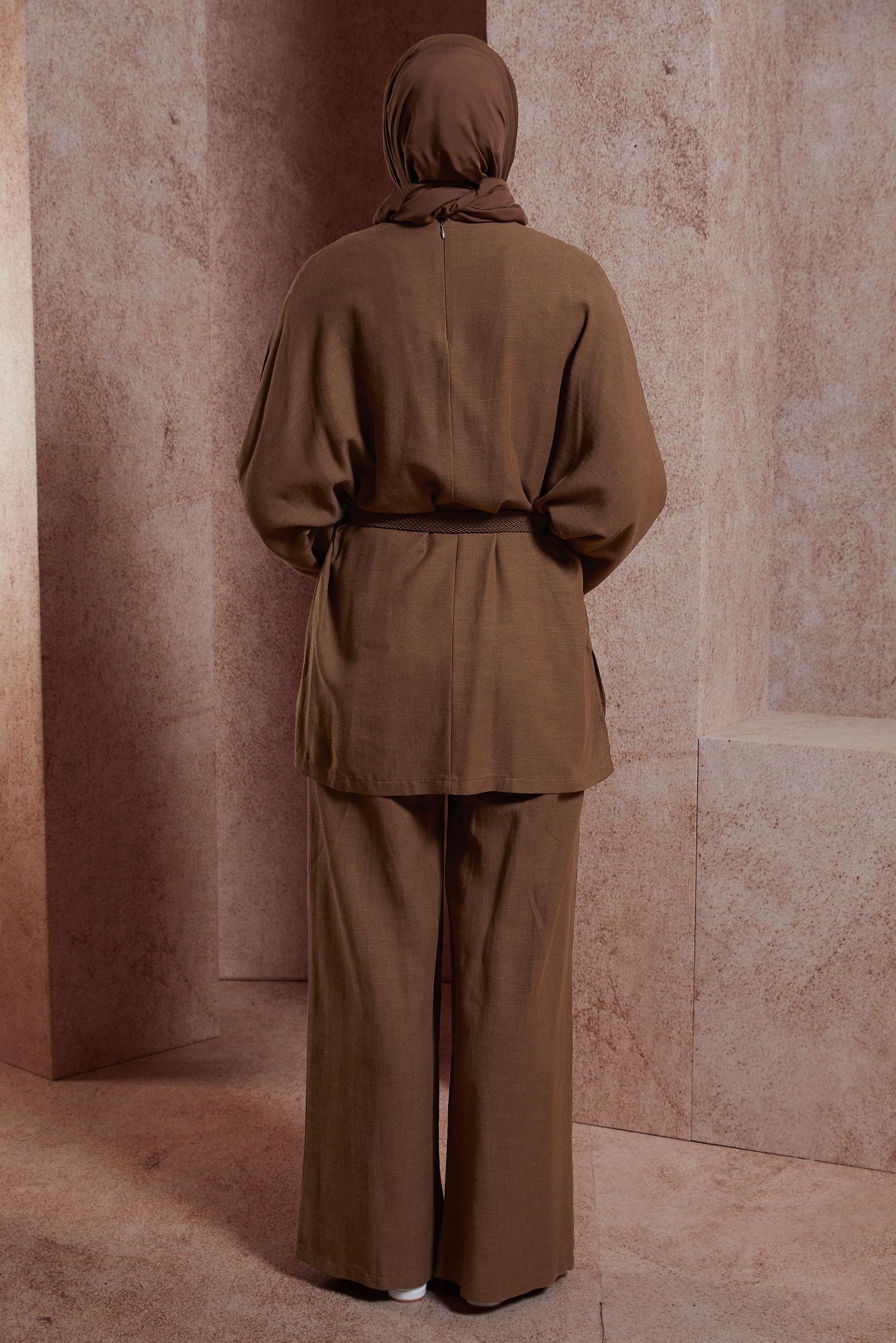 Tesettür giyim KAHVE KEMERLİ PANTOLONLU TAKIM 44502