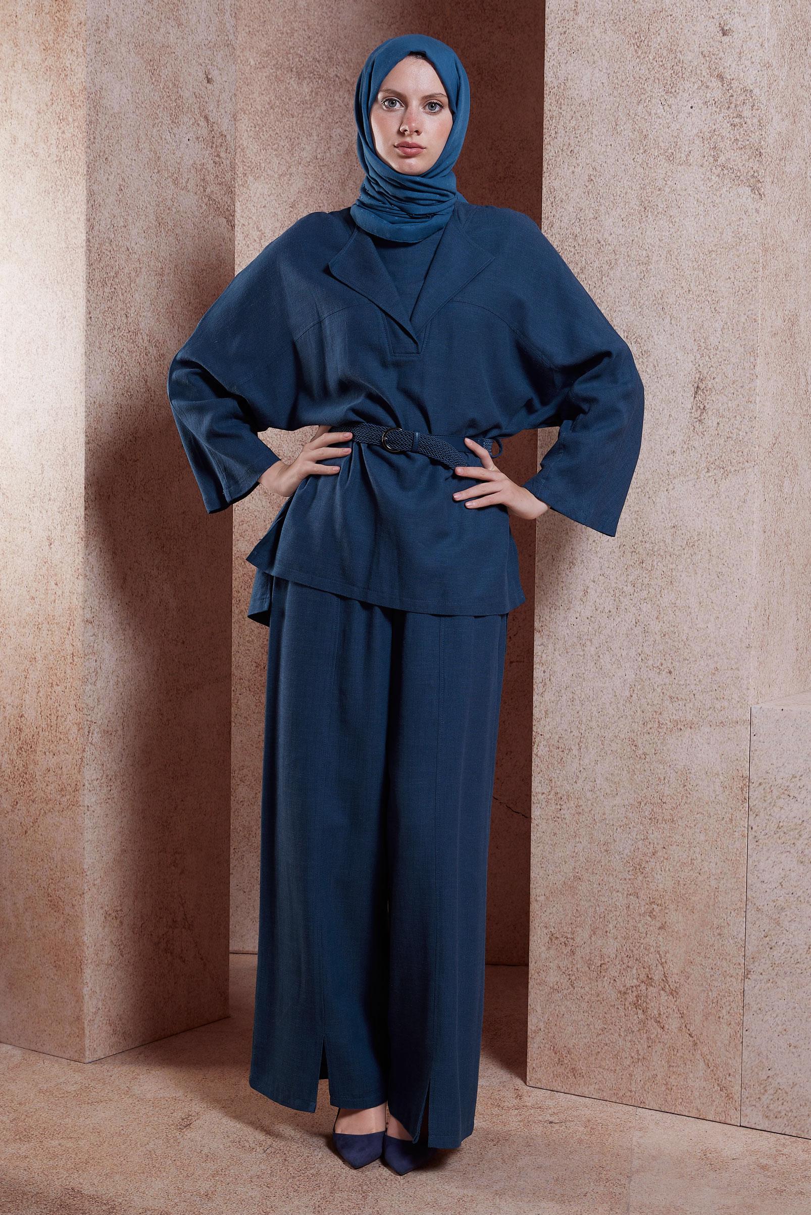 Tesettür giyim LACİVERT KEMERLİ PANTOLONLU TAKIM 44502