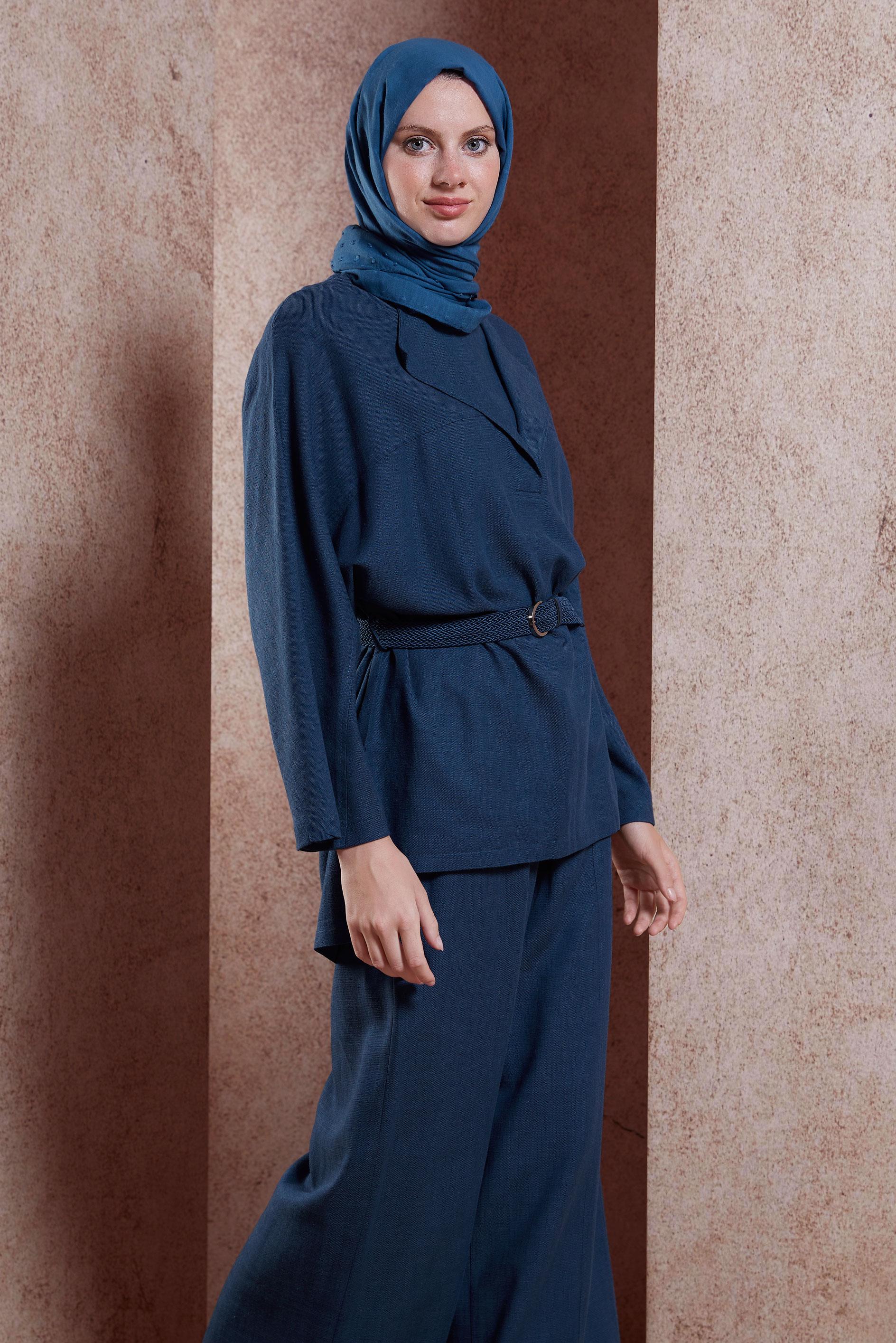 Tesettür giyim LACİVERT KEMERLİ PANTOLONLU TAKIM 44502