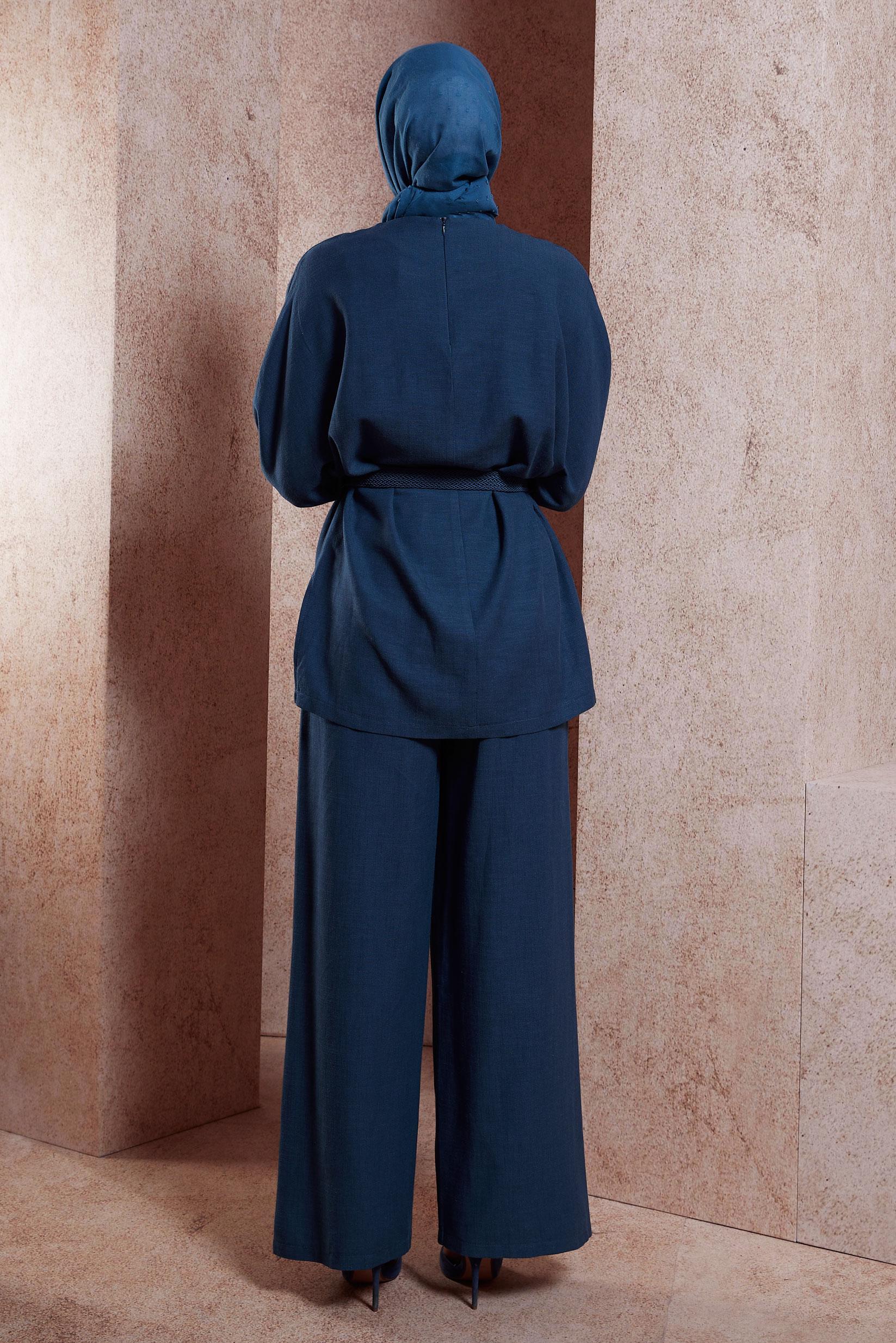 Tesettür giyim LACİVERT KEMERLİ PANTOLONLU TAKIM 44502