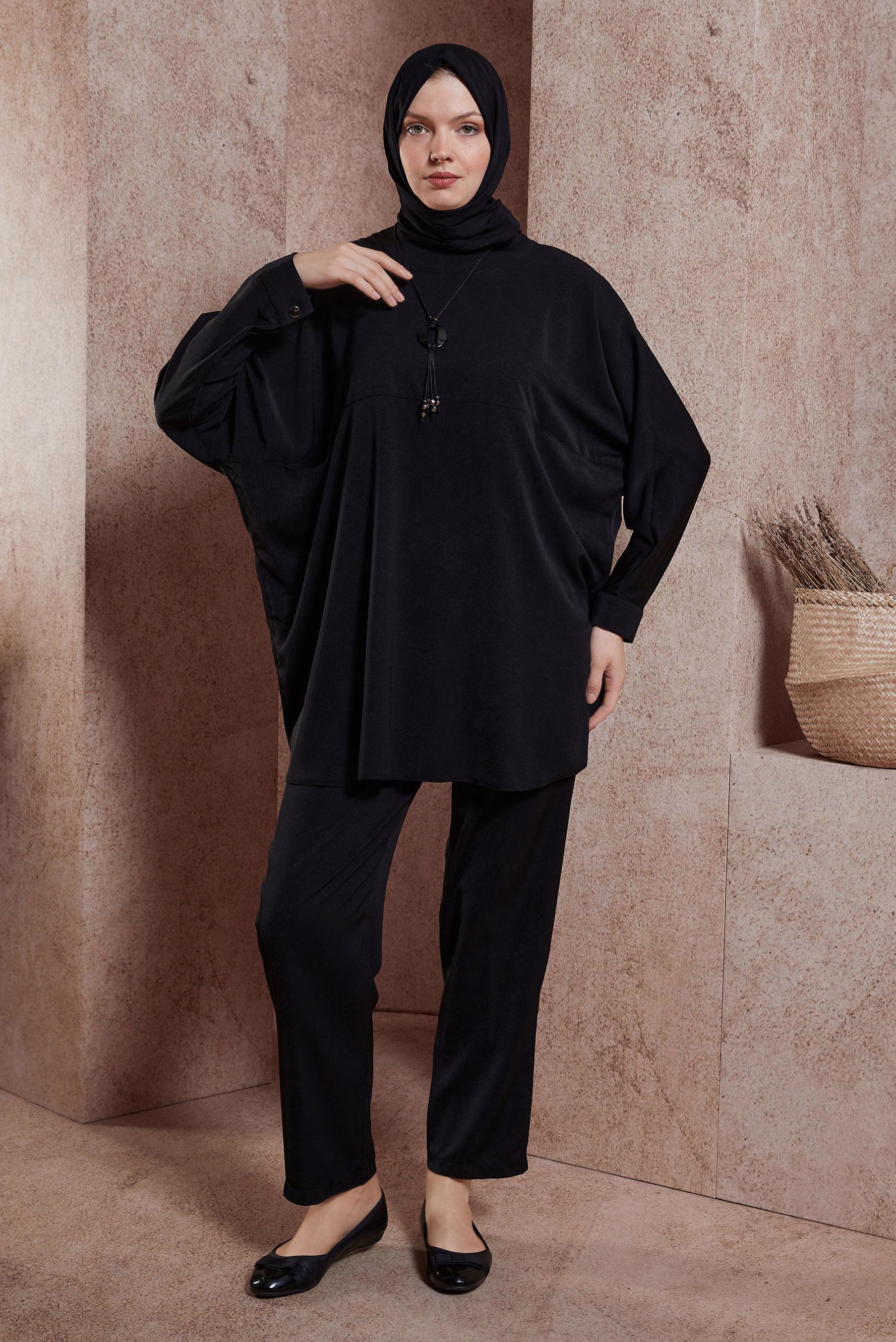 Tesettür giyim SİYAH YARASA KOL PANTOLONLU TAKIM 44529