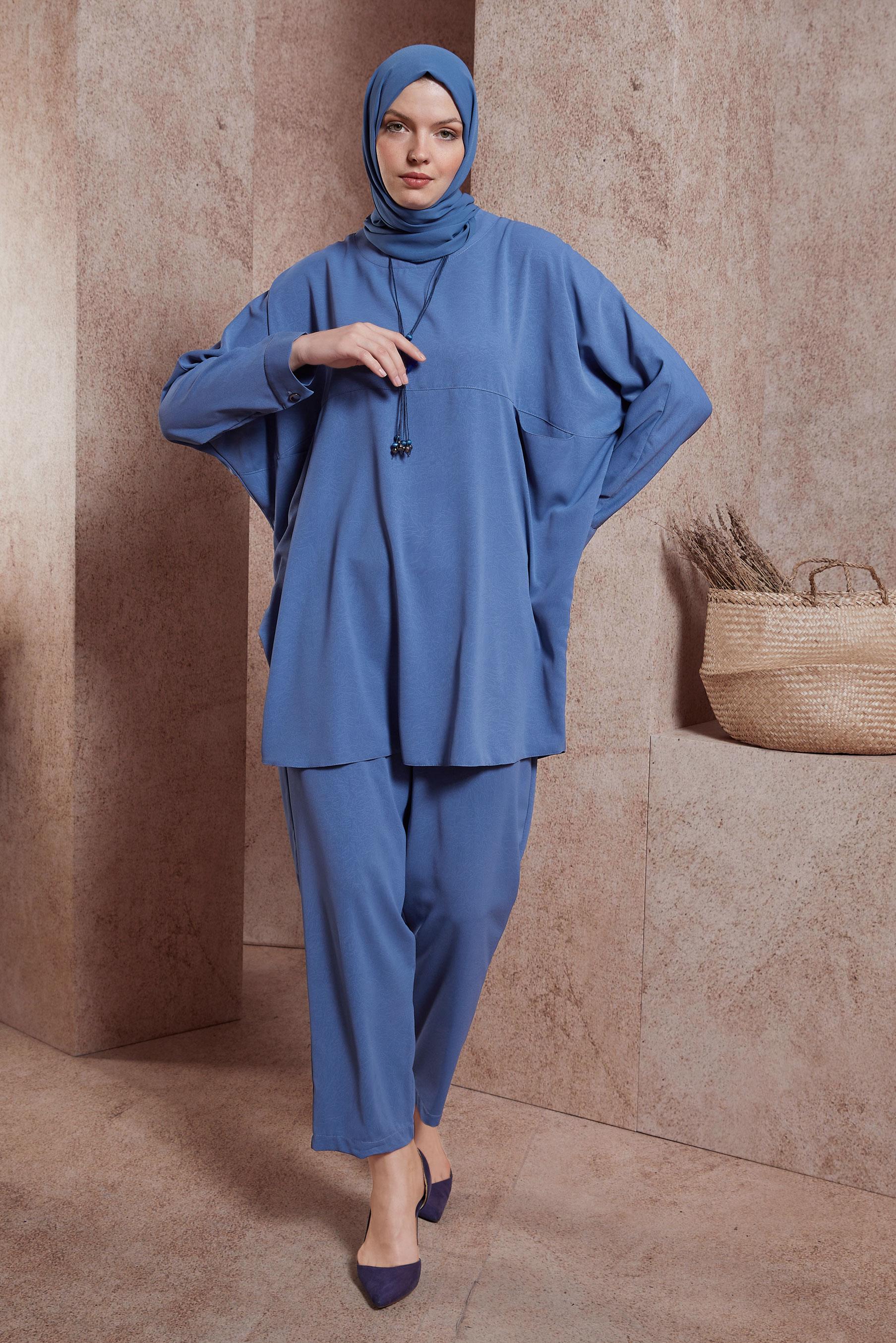 Hijab clothing NAVY BLUE BAT-WING SLEEVE PANTS SUIT 44529