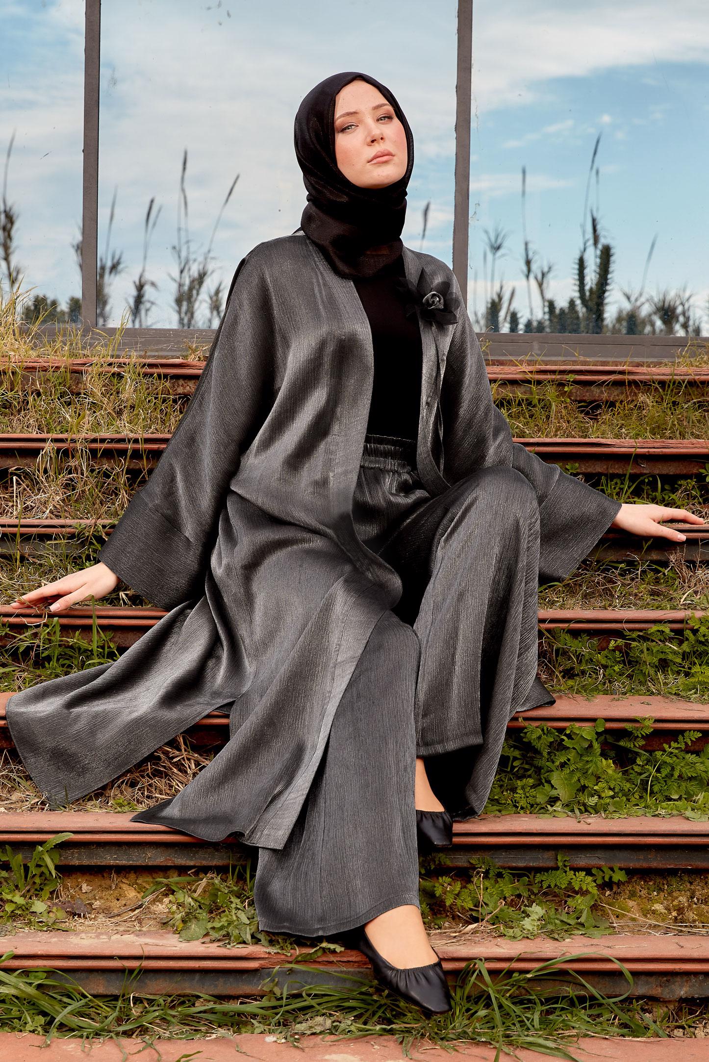 Tesettür giyim GRİ CEKETLİ PANTOLONLU TAKIM 44537  