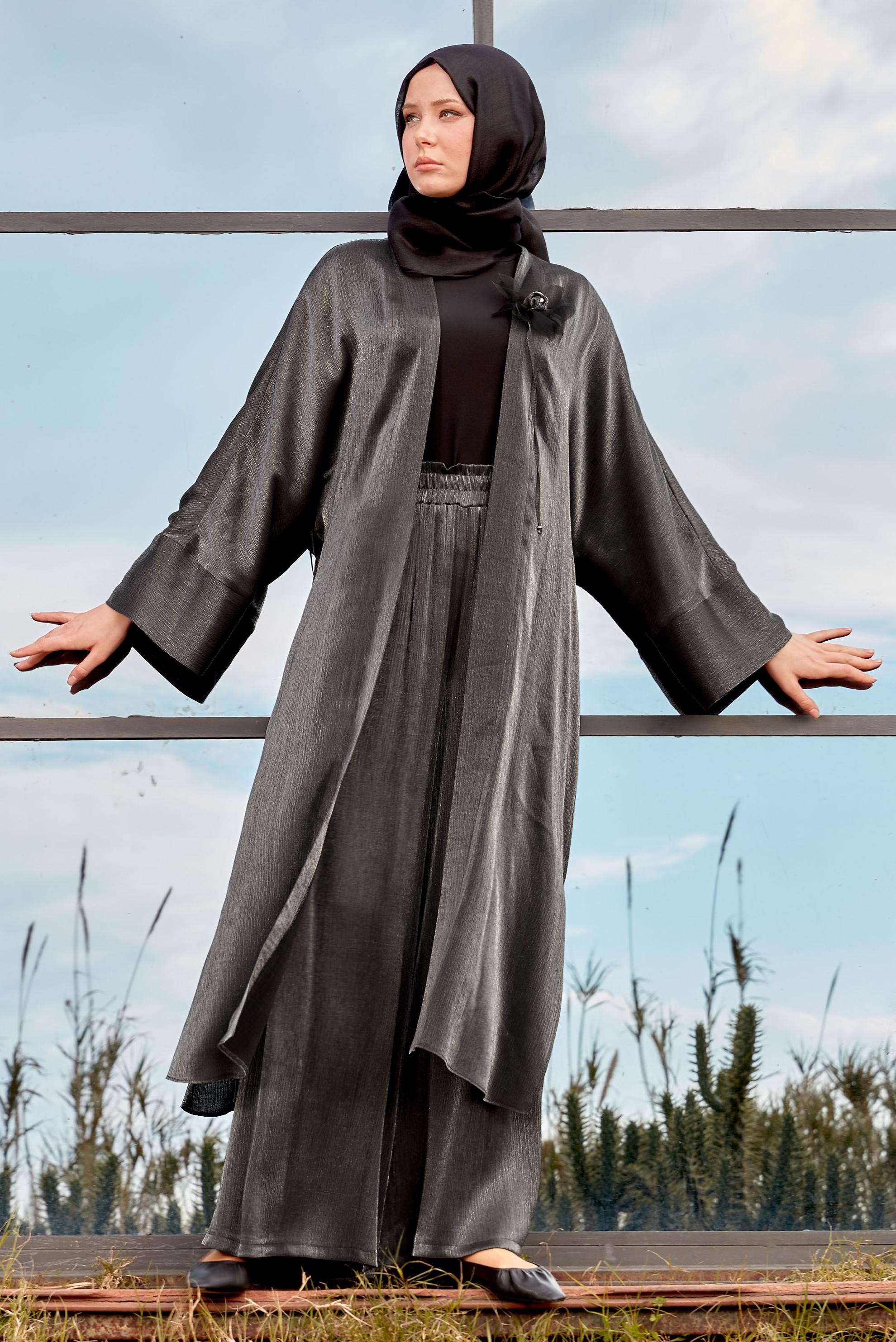 Tesettür giyim GRİ CEKETLİ PANTOLONLU TAKIM 44537  