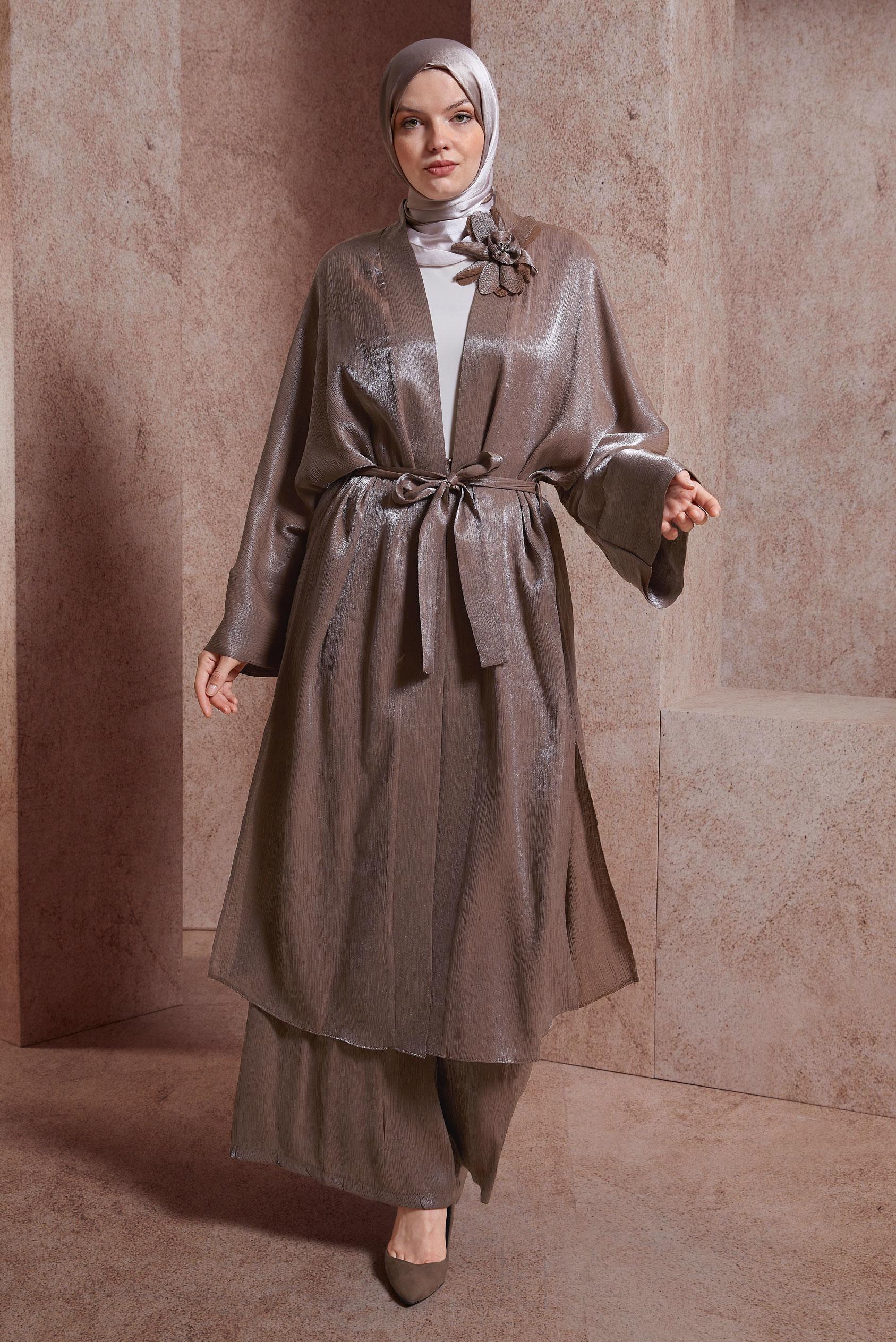 Tesettür giyim KAHVE CEKETLİ PANTOLONLU TAKIM 44537  