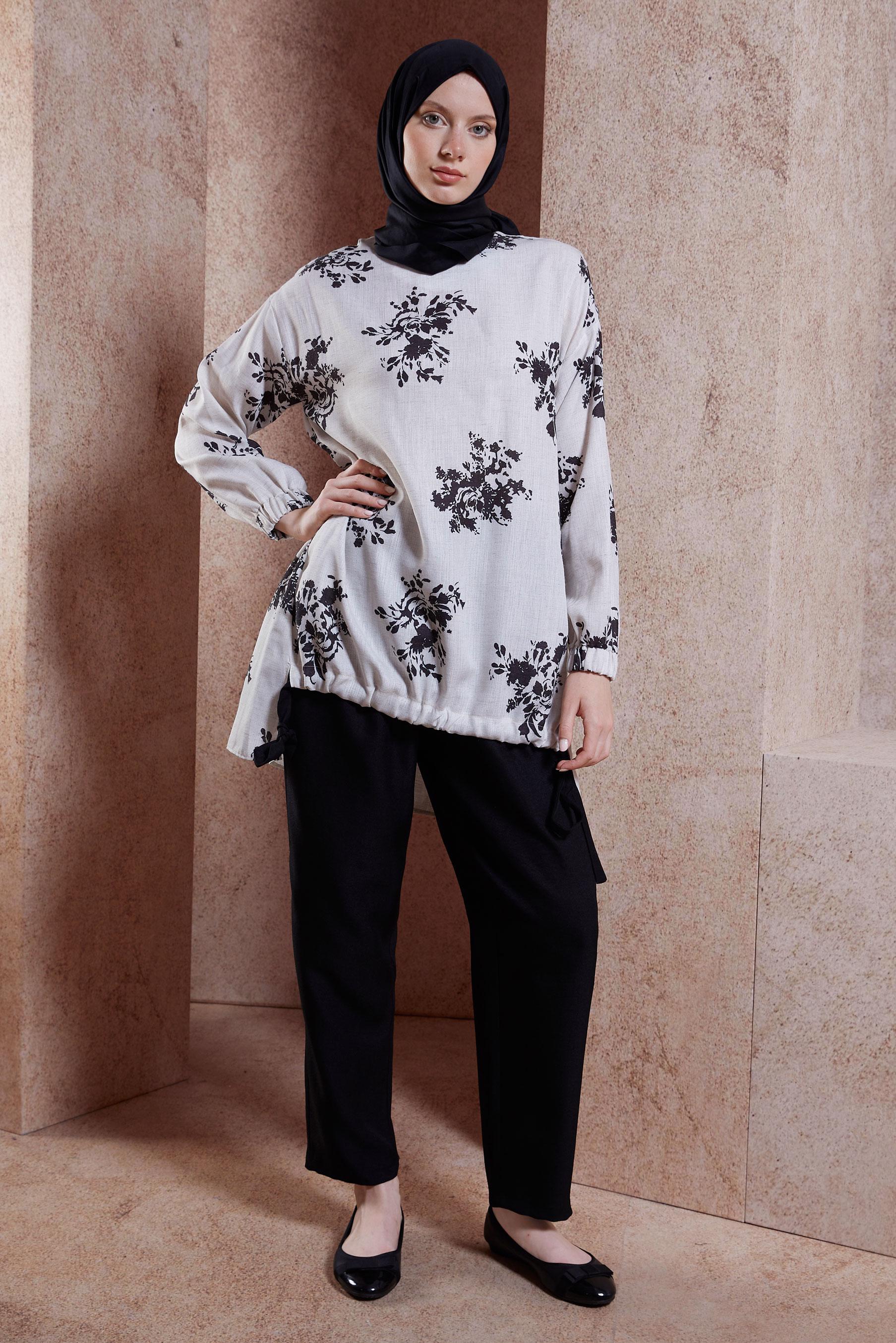 Tesettür giyim SİYAH KETEN EFEKTLİ PANTOLONLU TAKIM 44538