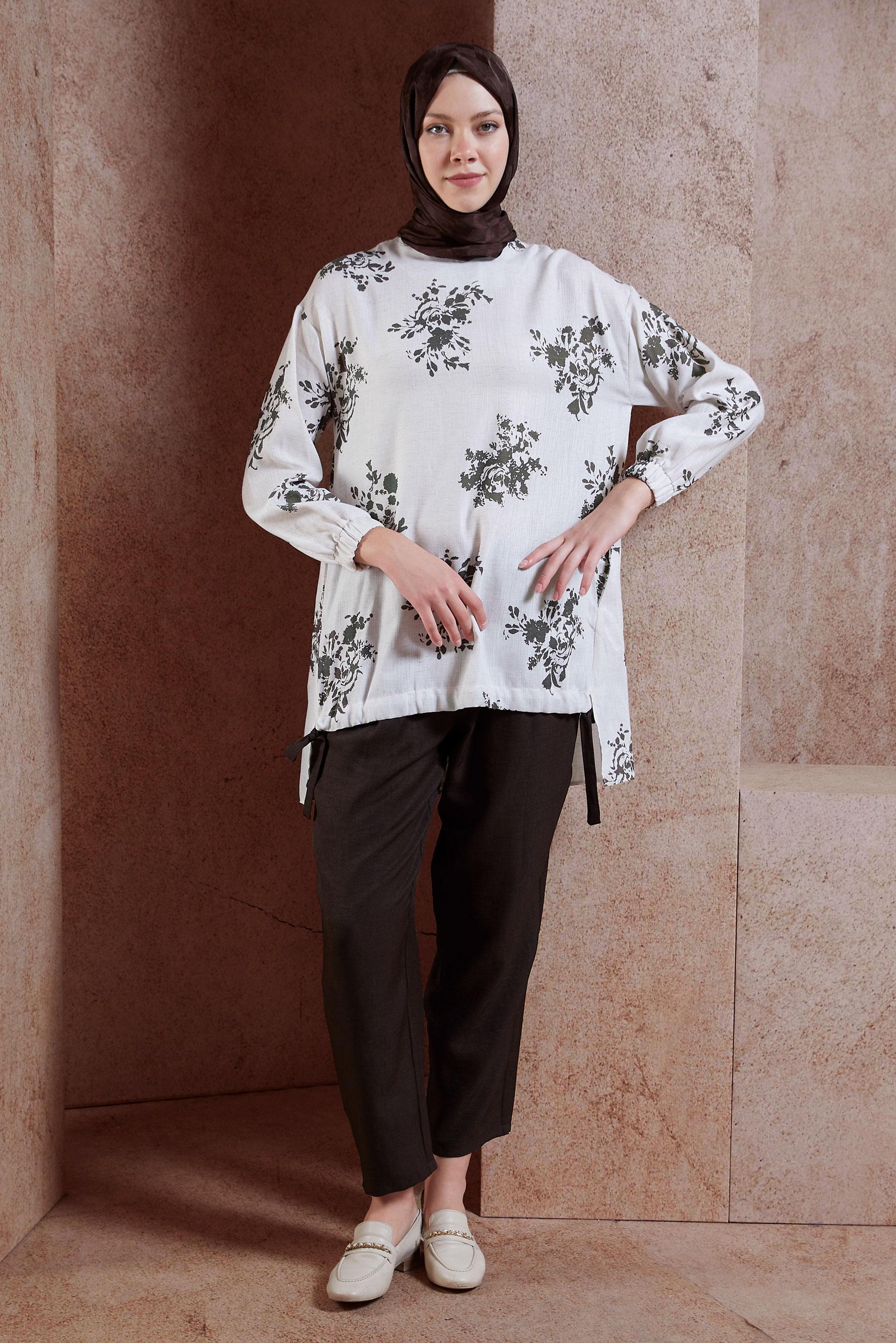 Tesettür giyim KAHVE KETEN EFEKTLİ PANTOLONLU TAKIM 44538