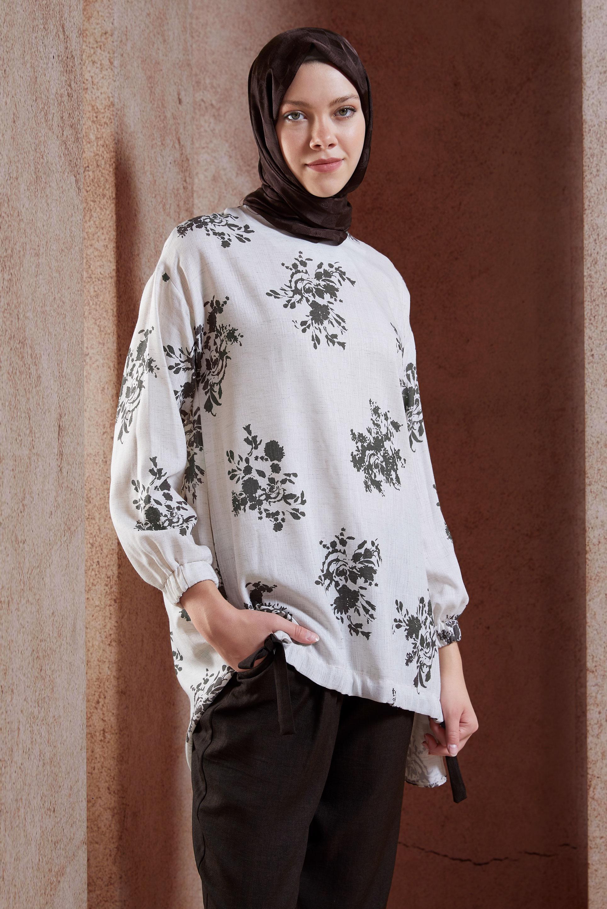 Tesettür giyim KAHVE KETEN EFEKTLİ PANTOLONLU TAKIM 44538