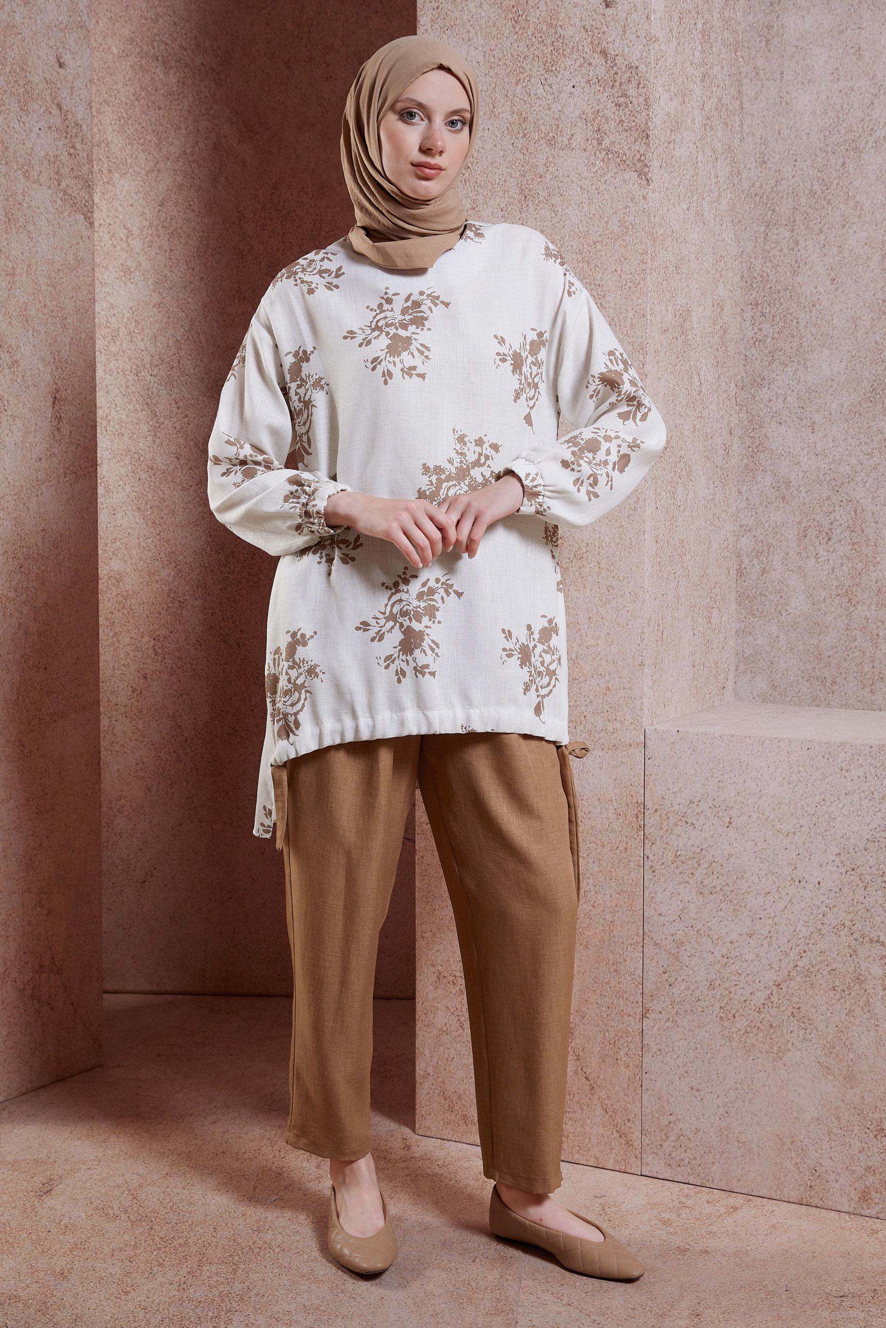 Tesettür giyim TABA KETEN EFEKTLİ PANTOLONLU TAKIM 44538