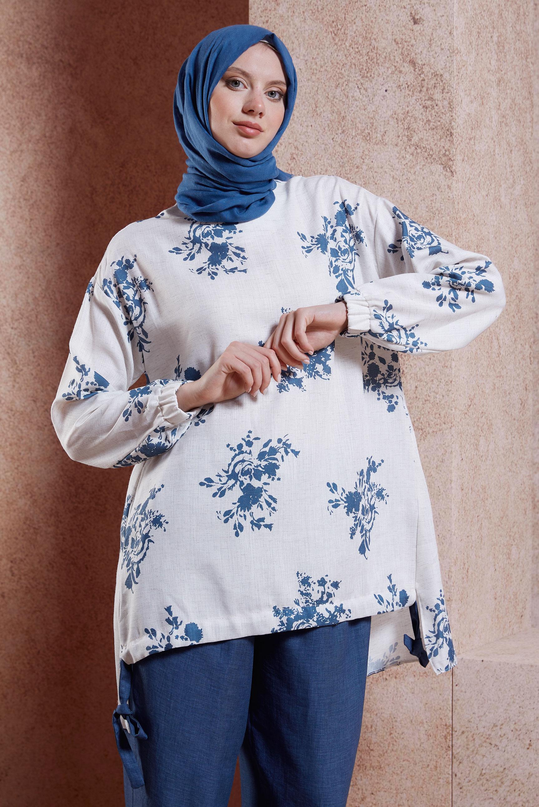 Tesettür giyim LACİVERT KETEN EFEKTLİ PANTOLONLU TAKIM 44538