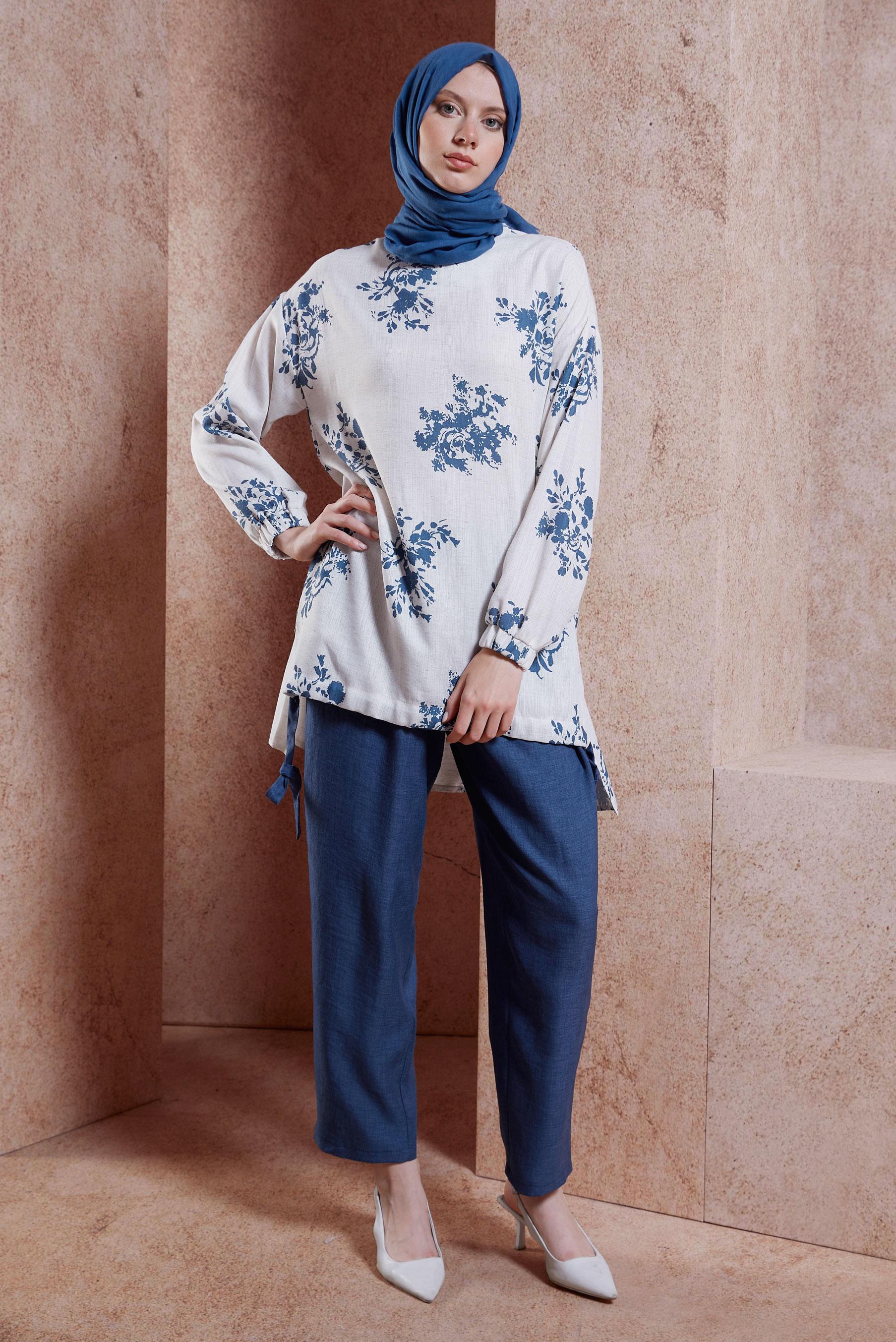 Tesettür giyim LACİVERT KETEN EFEKTLİ PANTOLONLU TAKIM 44538