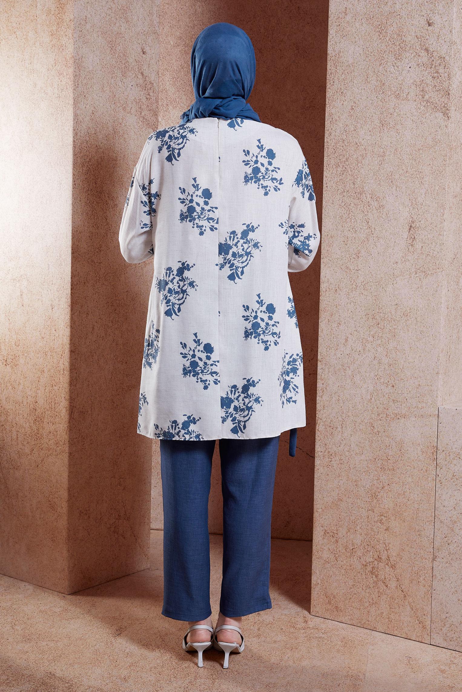 Tesettür giyim LACİVERT KETEN EFEKTLİ PANTOLONLU TAKIM 44538