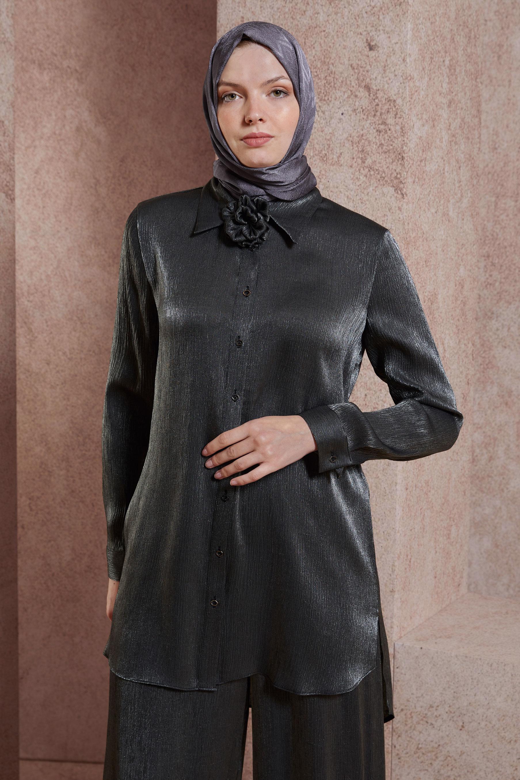 Tesettür giyim GRİ SATEN YÜZLÜ PANTOLONLU TAKIM 44539