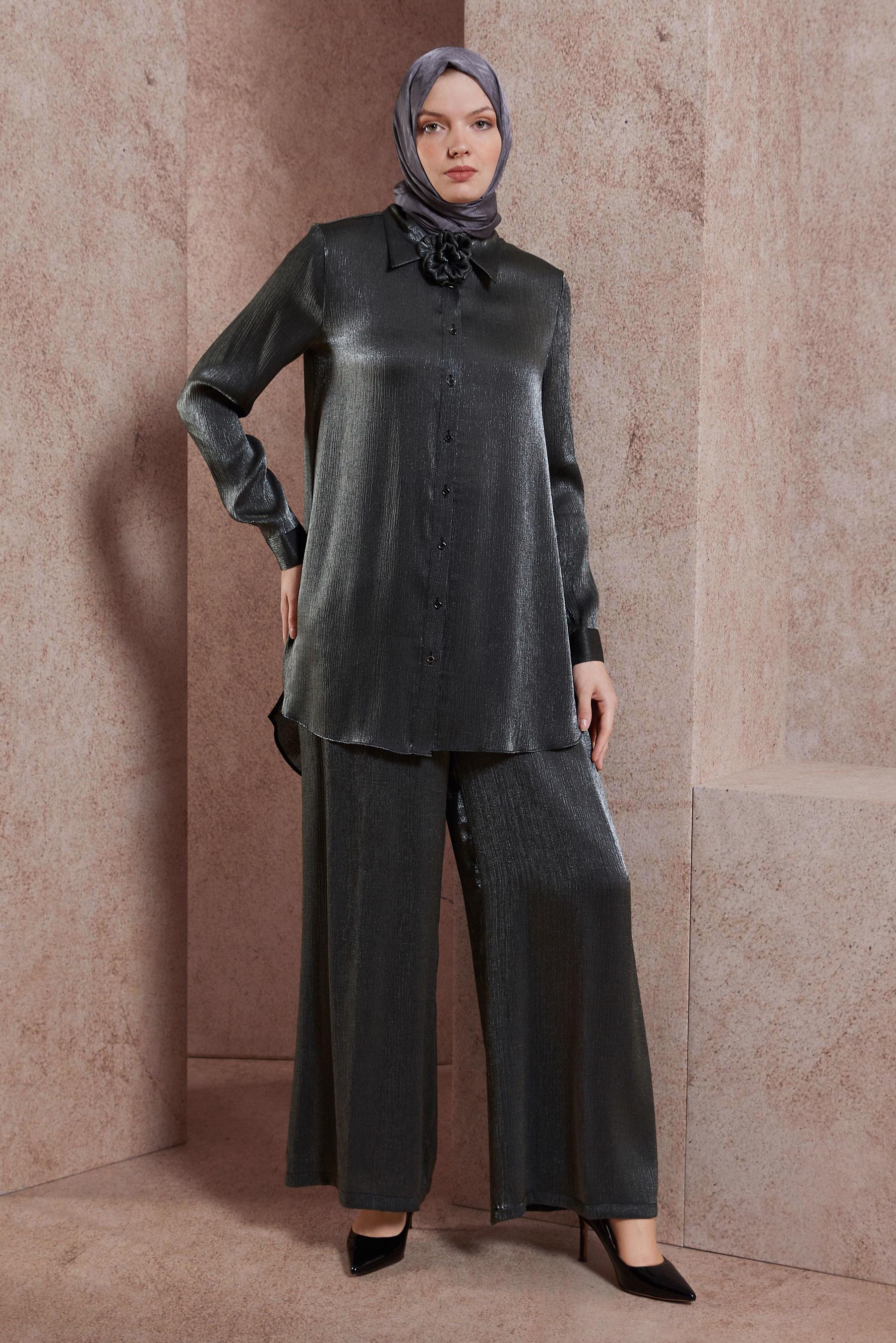 Tesettür giyim GRİ SATEN YÜZLÜ PANTOLONLU TAKIM 44539