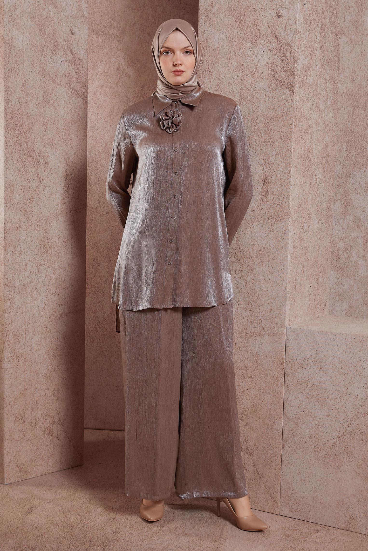 Tesettür giyim KAHVE SATEN YÜZLÜ PANTOLONLU TAKIM 44539