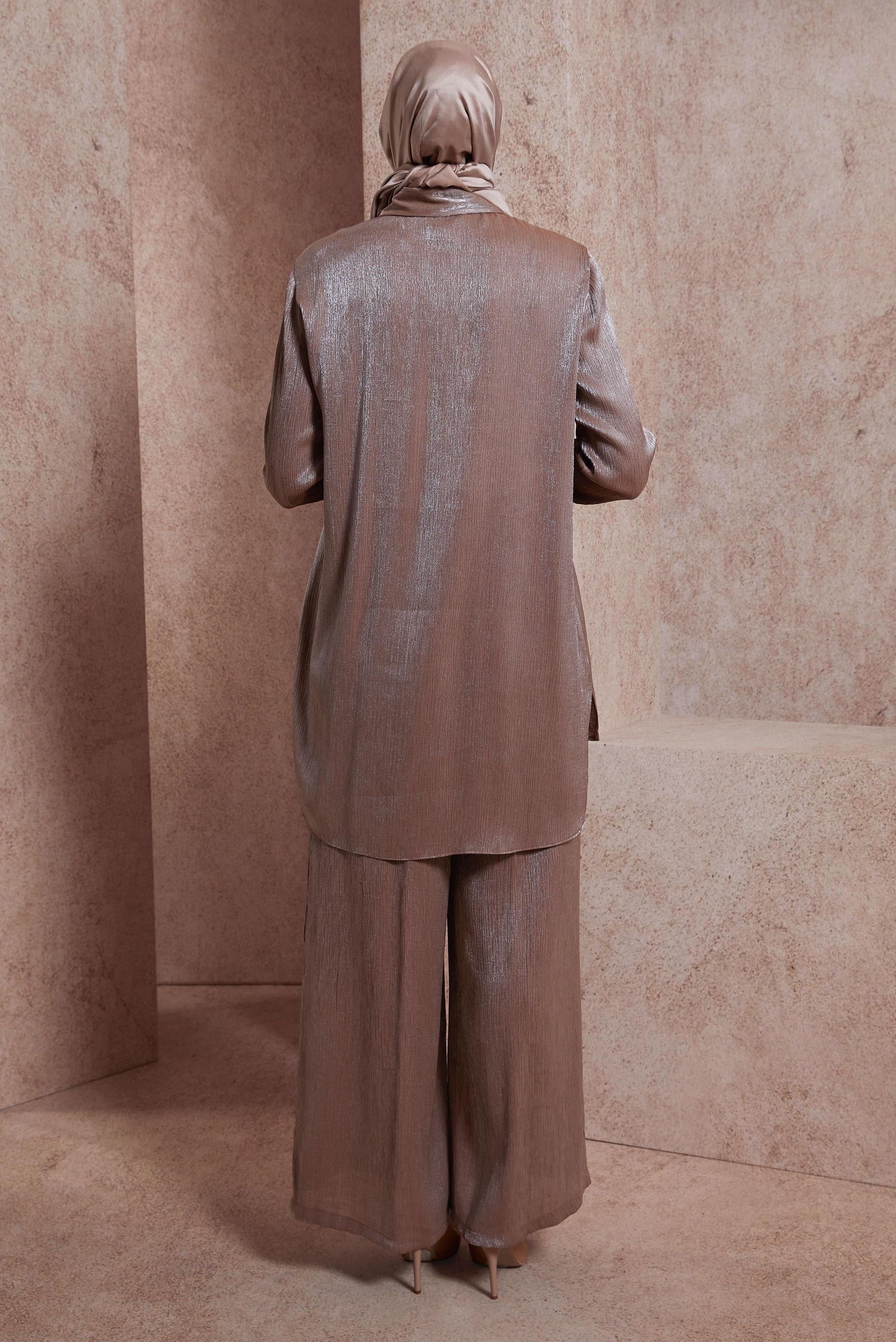 Tesettür giyim KAHVE SATEN YÜZLÜ PANTOLONLU TAKIM 44539