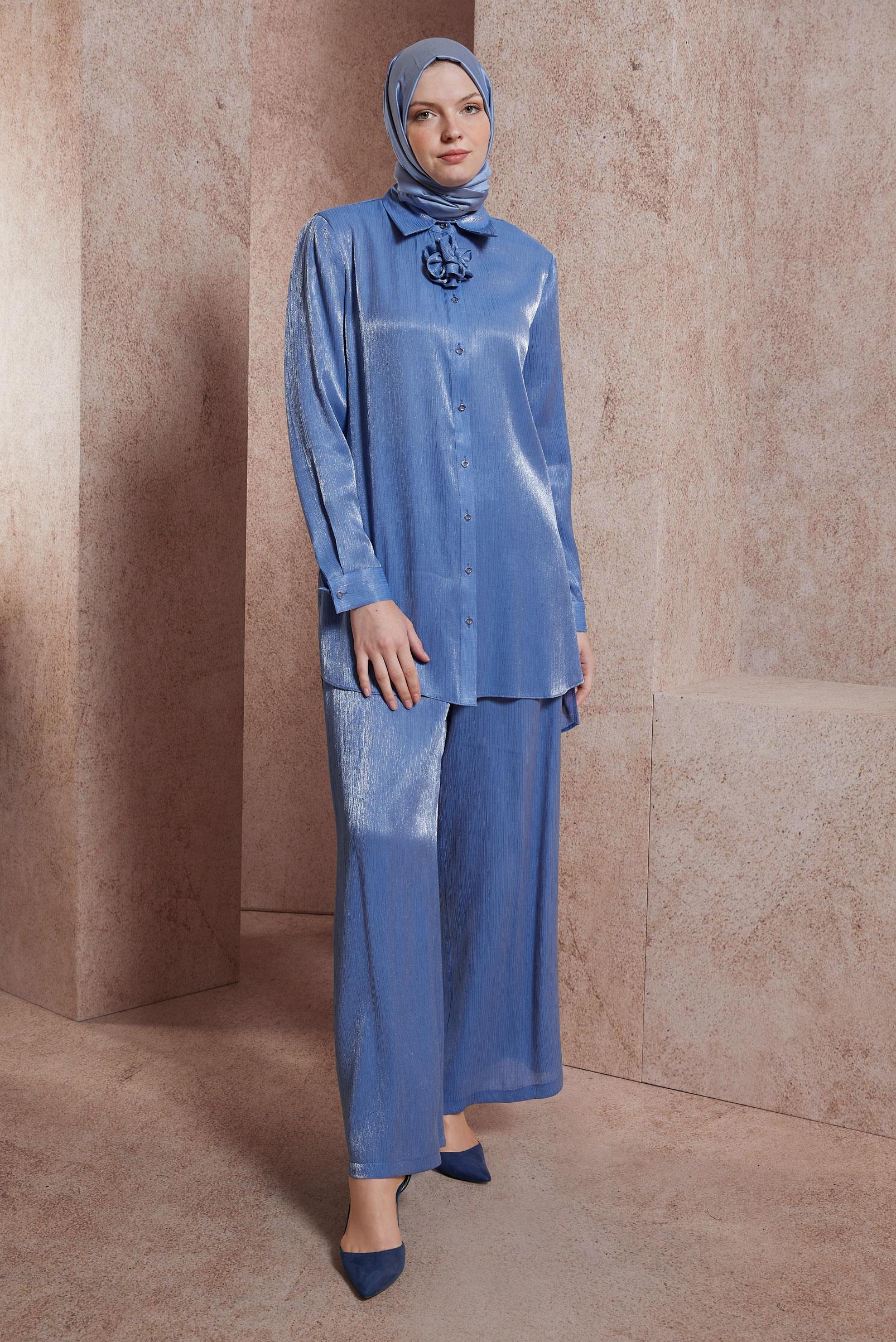 Tesettür giyim LACİVERT SATEN YÜZLÜ PANTOLONLU TAKIM 44539
