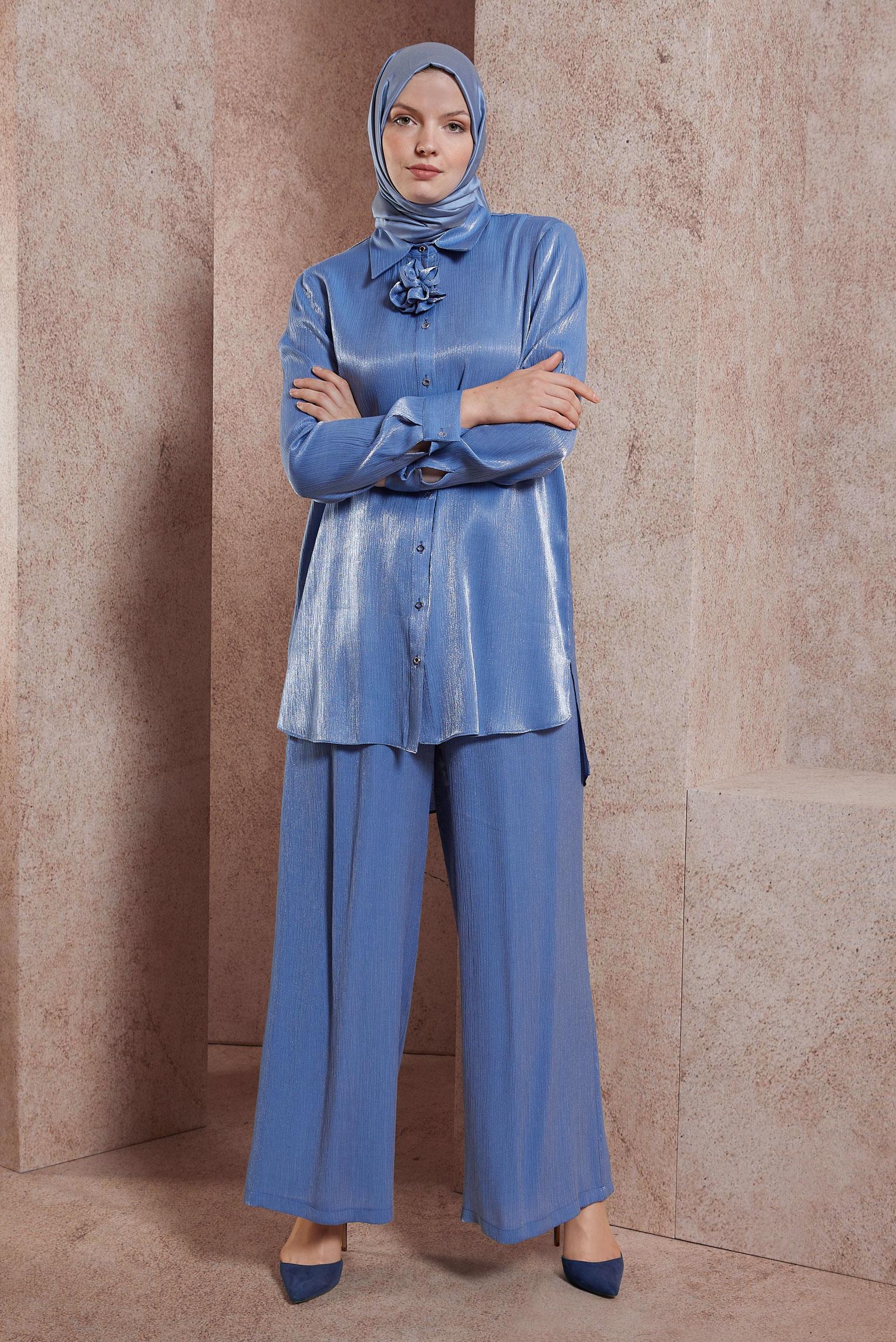 Tesettür giyim LACİVERT SATEN YÜZLÜ PANTOLONLU TAKIM 44539