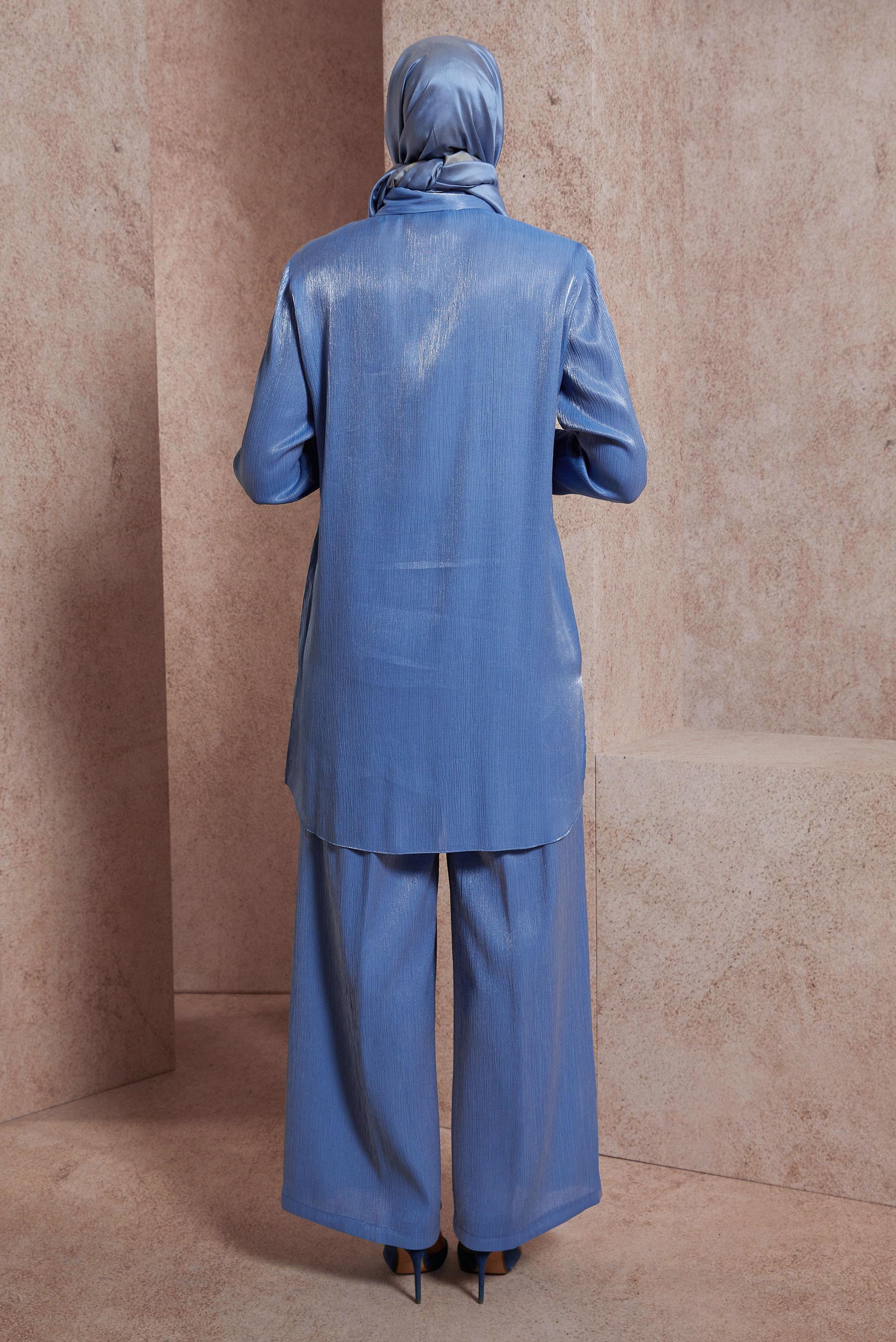 Tesettür giyim LACİVERT SATEN YÜZLÜ PANTOLONLU TAKIM 44539