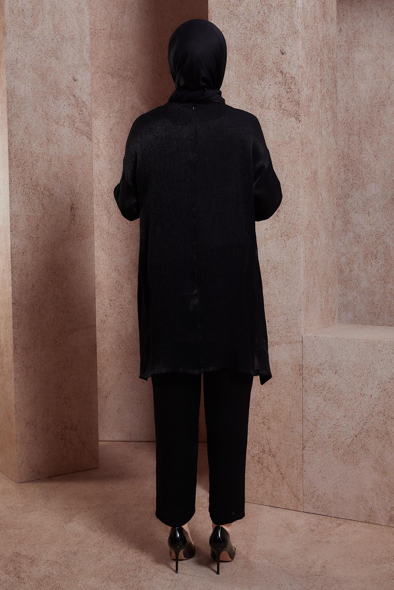 Tesettür giyim SİYAH AKSESUAR DETAYLI PANTOLONLU TAKIM 44542