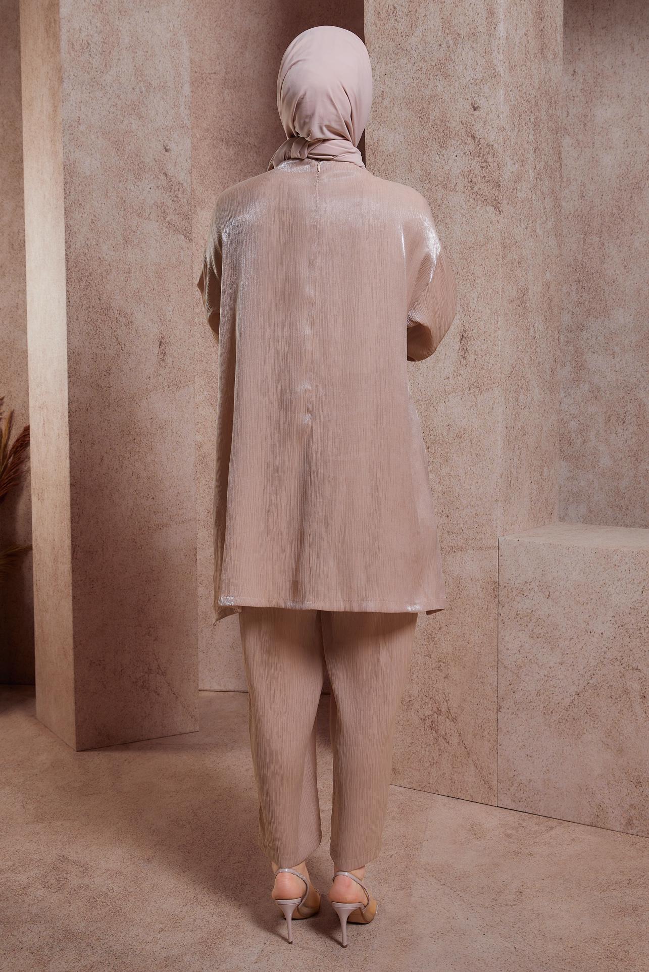 Tesettür giyim PUDRA AKSESUAR DETAYLI PANTOLONLU TAKIM 44542