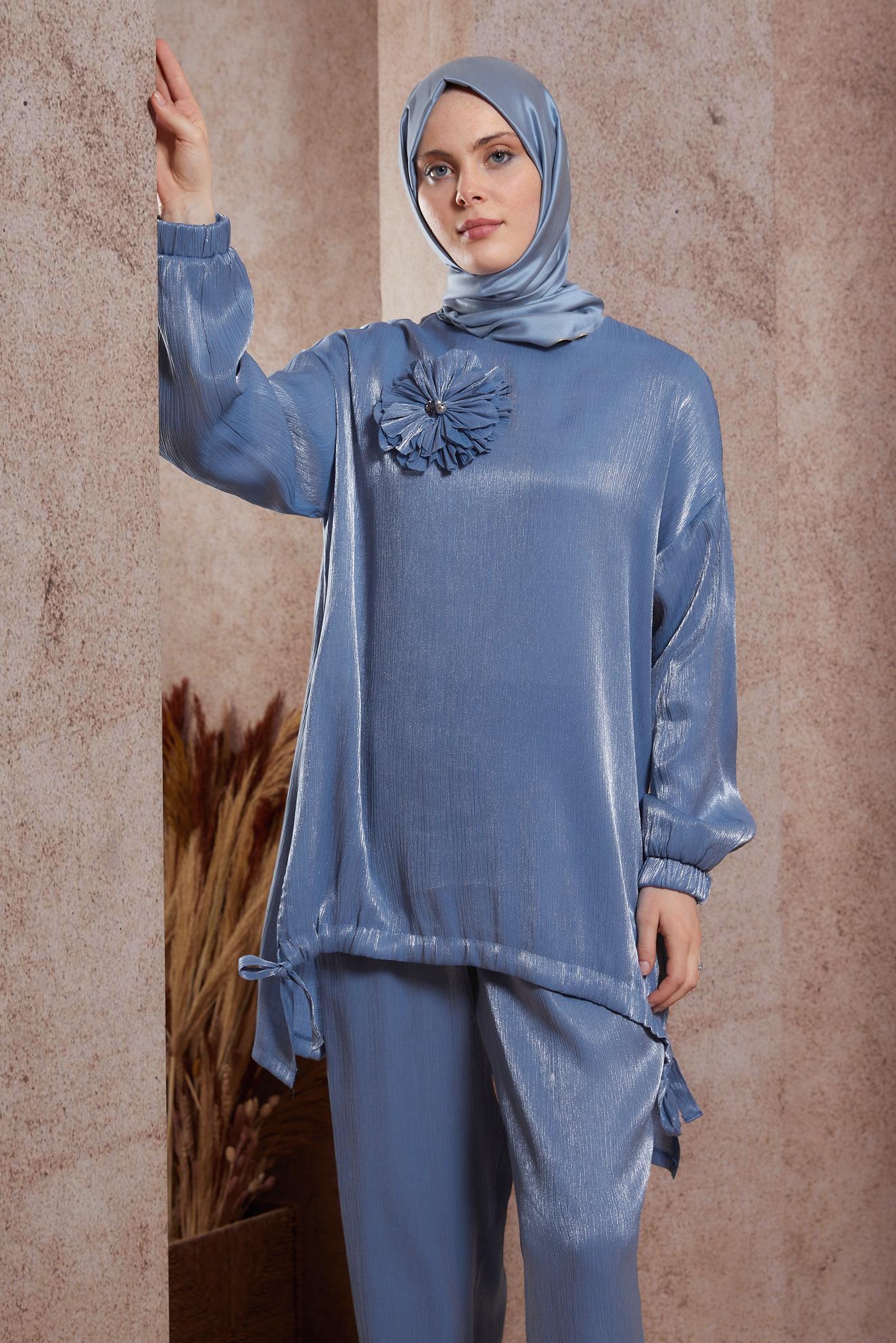 Tesettür giyim LACİVERT AKSESUAR DETAYLI PANTOLONLU TAKIM 44542