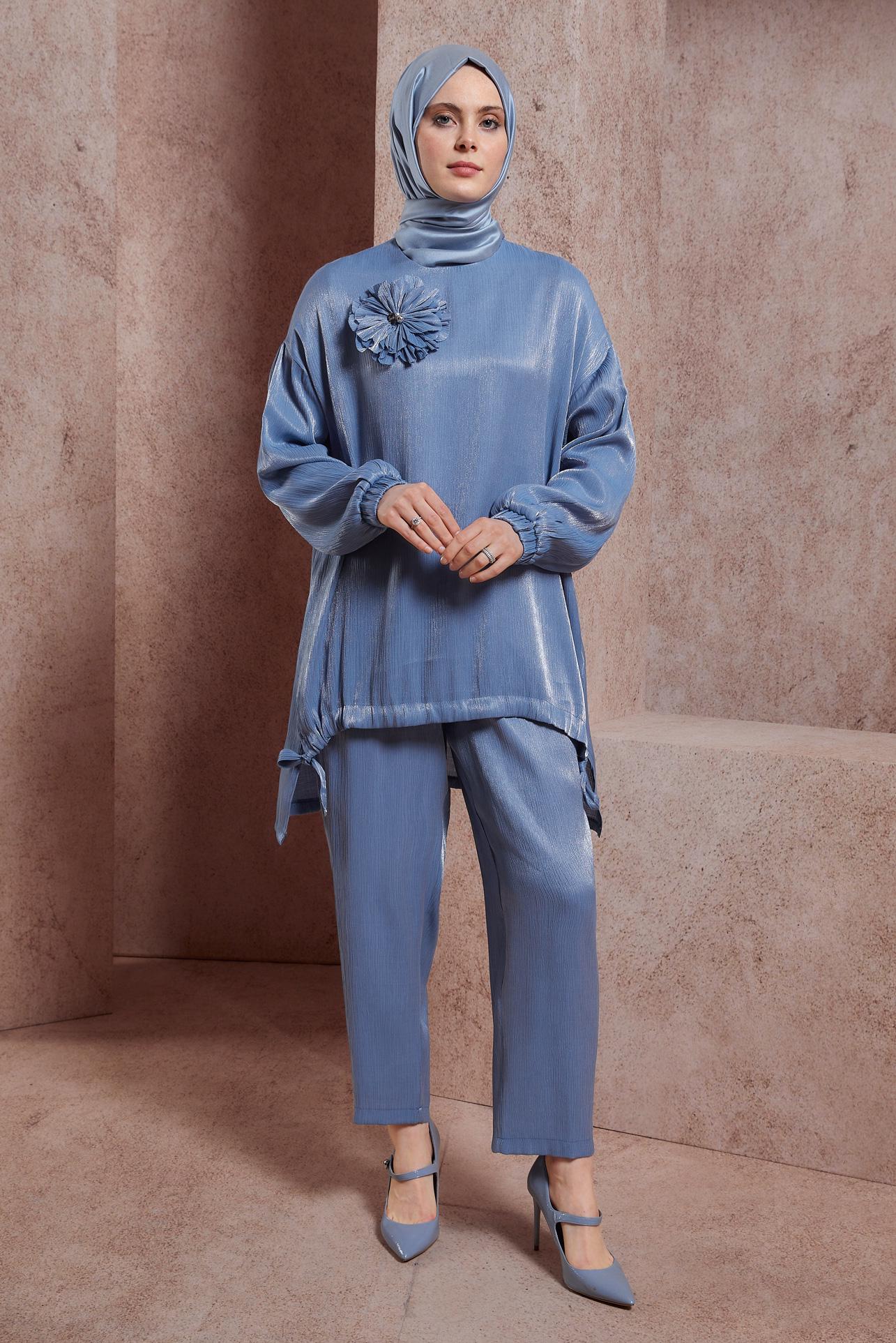 Tesettür giyim LACİVERT AKSESUAR DETAYLI PANTOLONLU TAKIM 44542