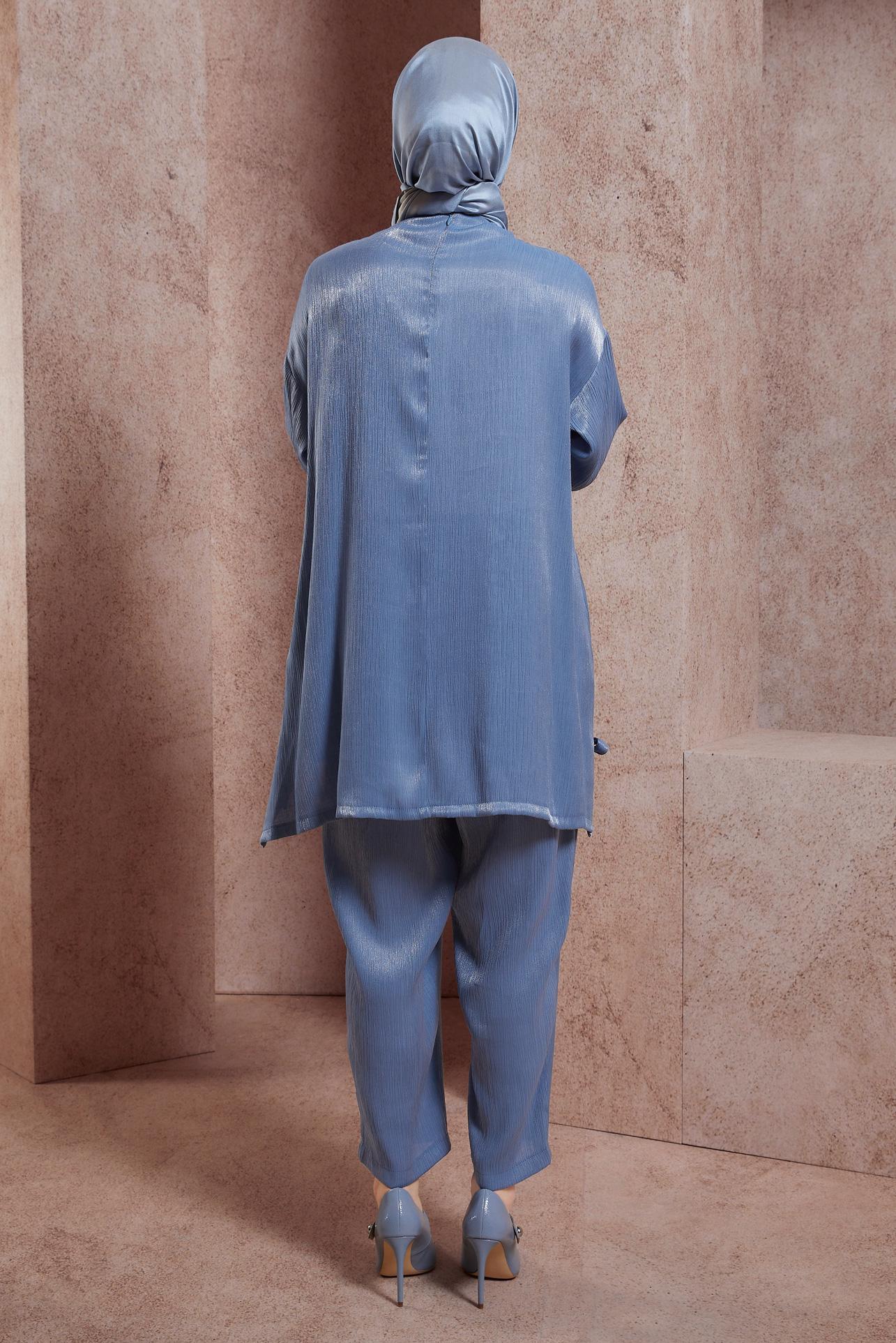 Tesettür giyim LACİVERT AKSESUAR DETAYLI PANTOLONLU TAKIM 44542