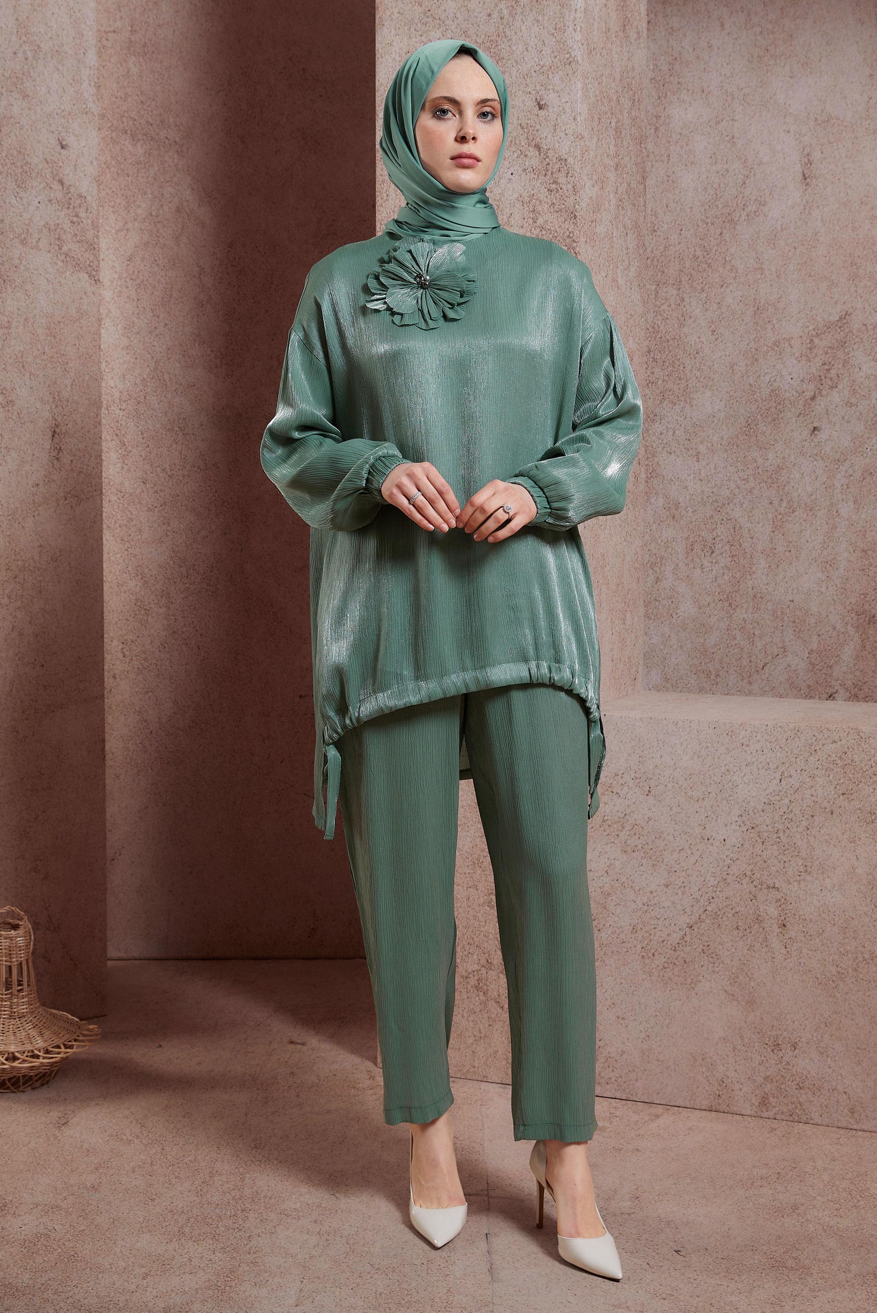 Tesettür giyim YEŞİL AKSESUAR DETAYLI PANTOLONLU TAKIM 44542