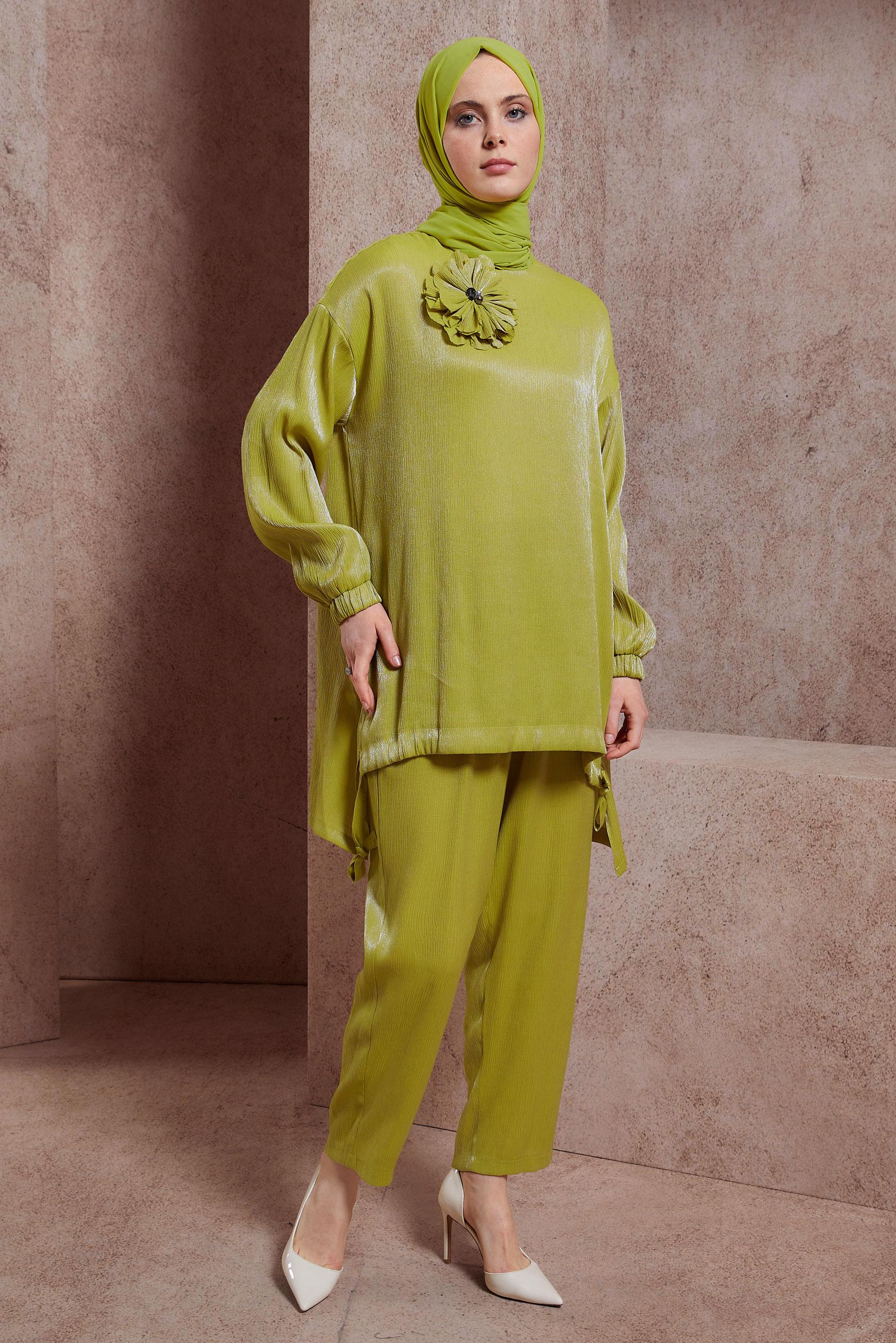 Tesettür giyim YEŞİL AKSESUAR DETAYLI PANTOLONLU TAKIM 44542
